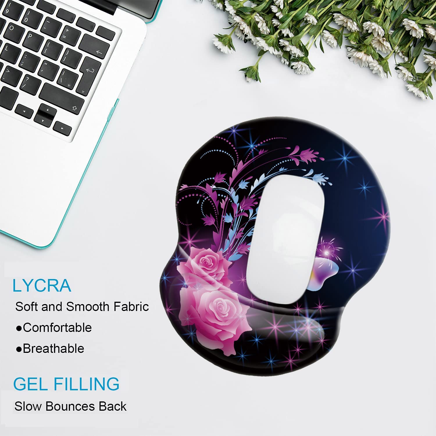 Ergonomic Wrist Mouse Pad with Comfortable Wrist Rest Support - Smooth Cloth Gaming Mouse Pad for Computer, Laptop, Home & Office Use - Perfect for Long Work Hours, Gaming Sessions & Typing (Flower Butterfly Design)