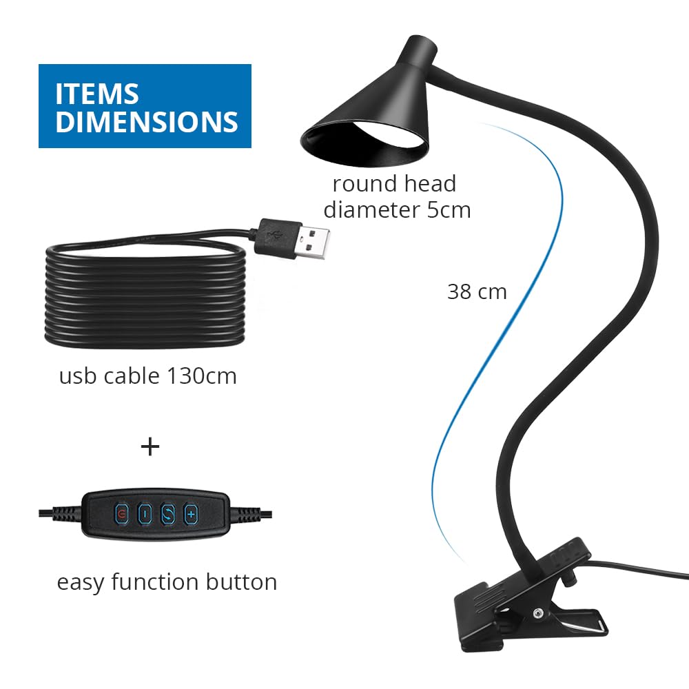 Lzonunl Clip-On Desk Lamp - 3 Light Modes & 5 Dimmable Brightness Levels, Eye-Caring LED Reading Light with Flexible Gooseneck, Adjustable Table Clamp Lamp for Office, Bedroom, Study - Perfect for Night Reading, Computer Work & Craft Projects (Black)