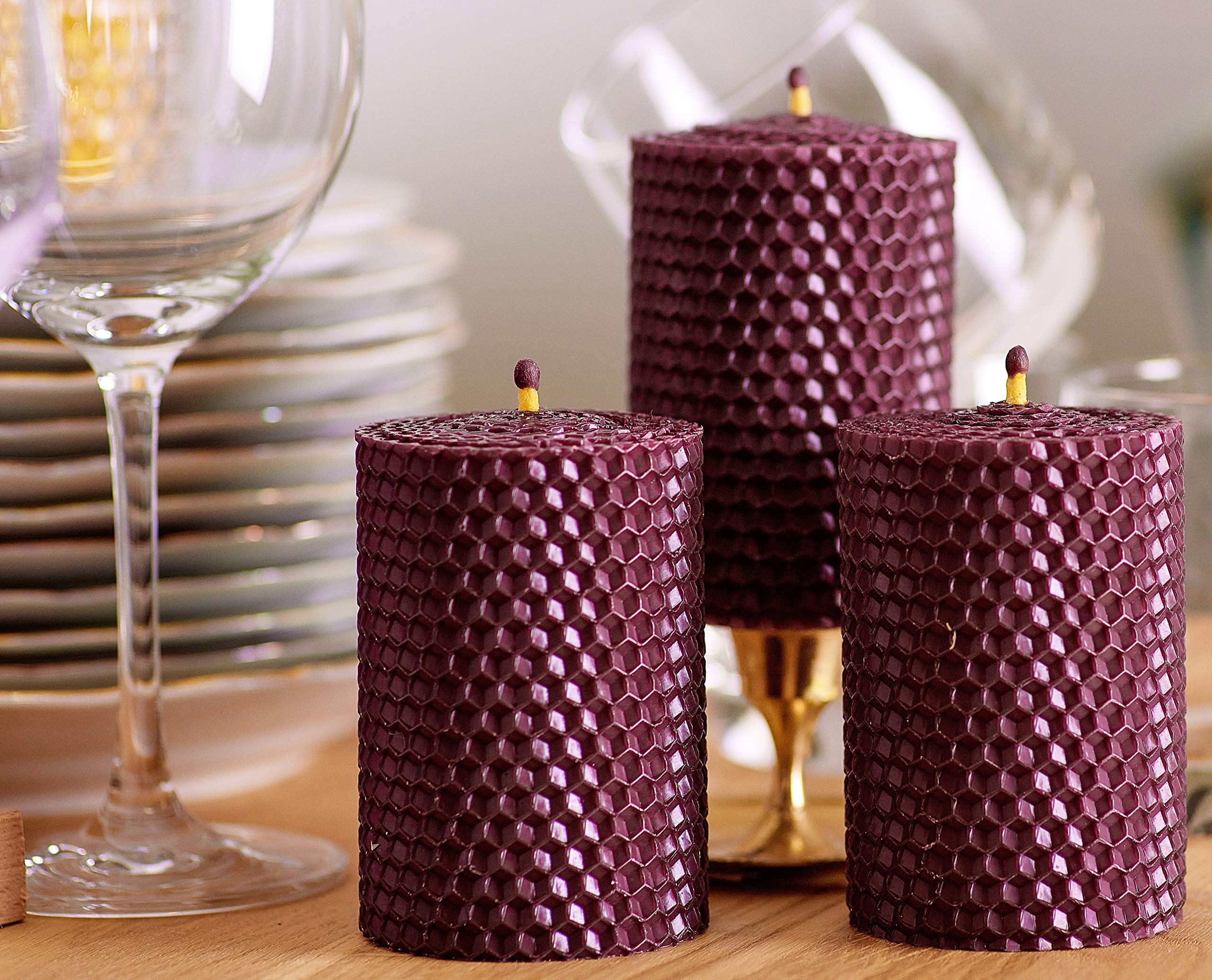 Beeswax Candles Set of 3 - Natural Honey Scented Pillar Candles for Home Decor & Gifts