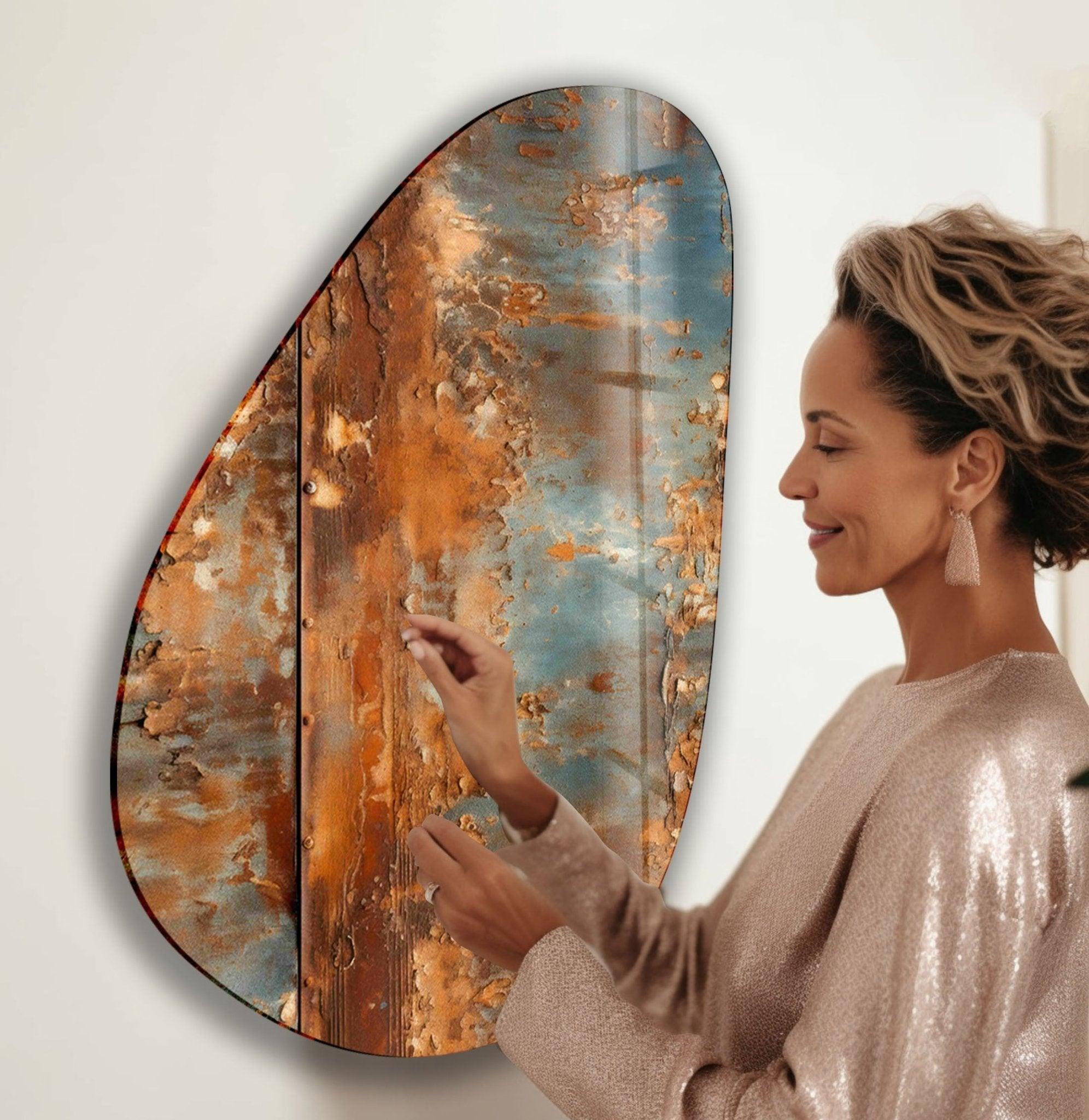 Modern Asymmetrical Oval Abstract Rusty Glass Wall Art Decor - Handmade Rustic Home & Office Decoration for Living Room, Bedroom, or Dining Area