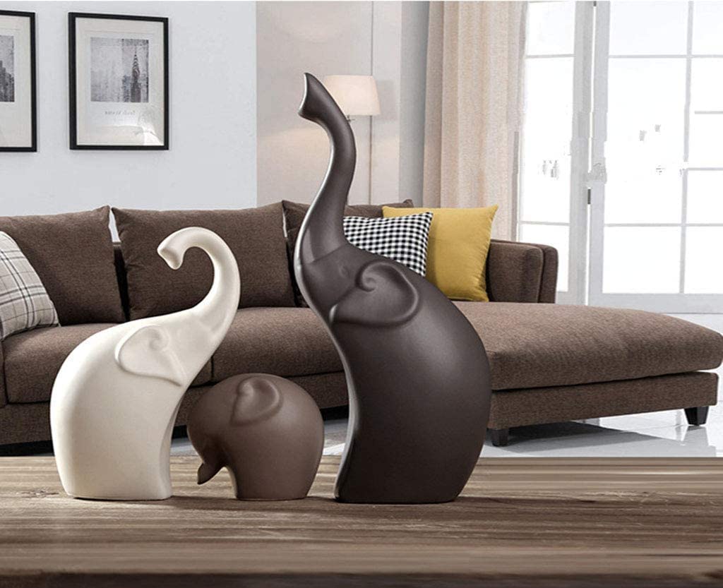 SRJANA Elephant Family Ceramic Figurines Set of 3 - Matte Brown Home Decor Statues for Living Room, Shelf & Office Desk Display