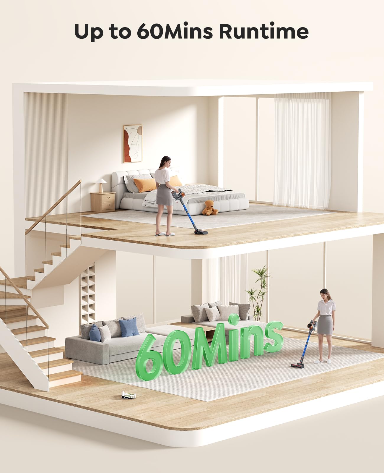 Powerful Cordless Vacuum Cleaner - 45Kpa 550W Stick Vacuum with 60 Min Runtime, Rechargeable & Wall Mountable - Ideal for Pet Hair, Carpets & Hardwood Floors (X9 Model) | Perfect for Quick Home Cleaning & Pet Owners