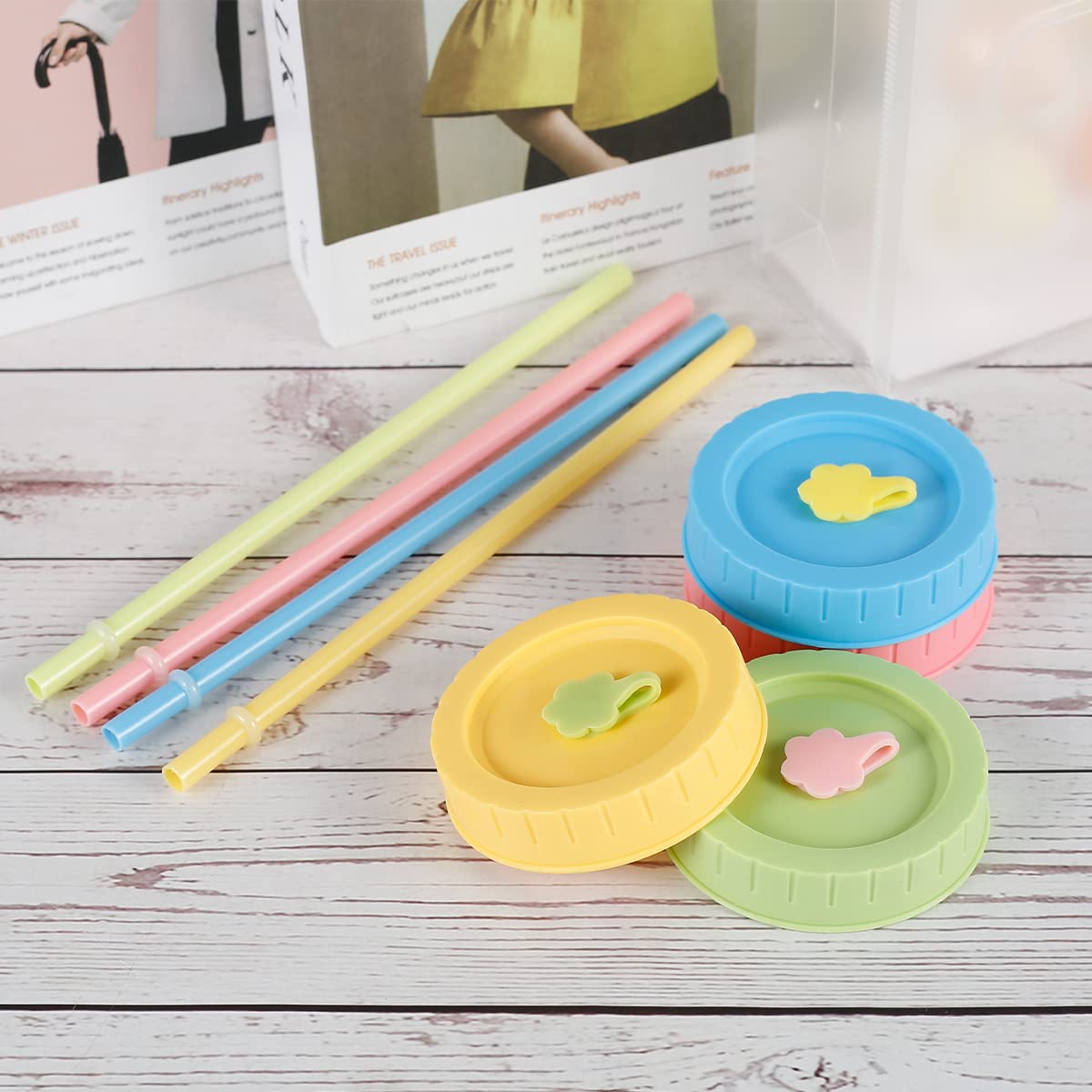 12-Piece Colorful Plastic Jar Lids Set - BPA Free, Fits 70mm Wide Mouth Silicone Canning Jars - Includes Straw Hole Cleaning Brushes & Straws - Perfect for Food Storage, Meal Prep, and On-the-Go Drinks