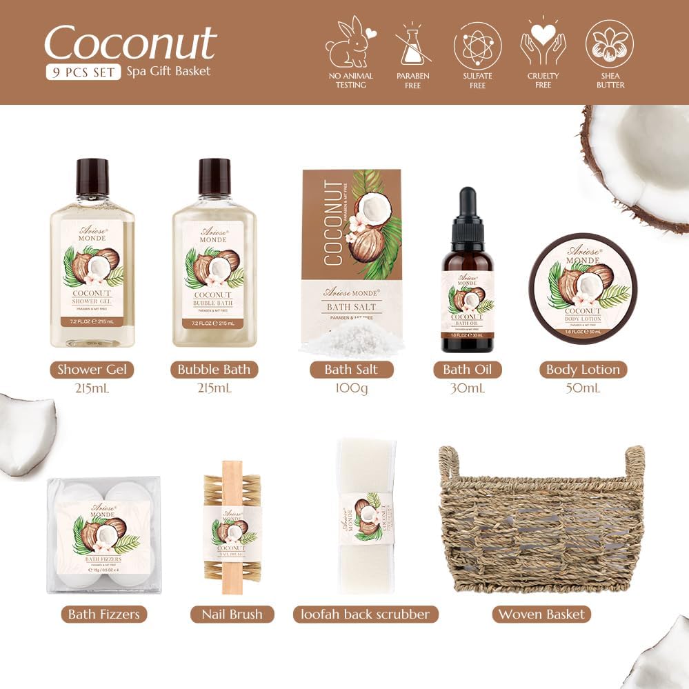 Luxury Coconut Scented Bath & Body Gift Set for Women - Shower Gel, Bubble Bath, Body Lotion, Bath Bomb & Bath Salt Spa Kit - Perfect for Relaxation, Self Care, Birthday & Anniversary Gifts