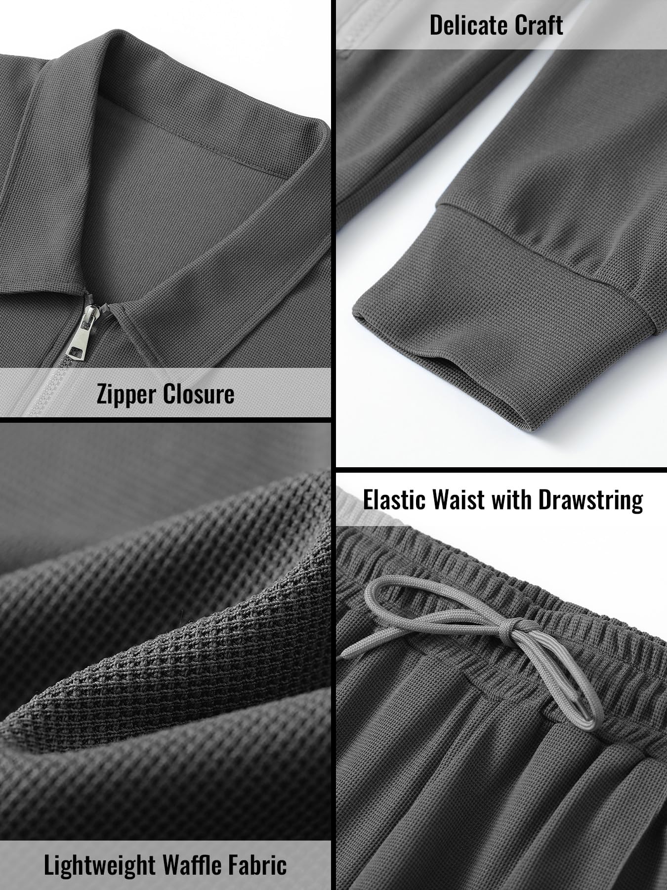 Men's Waffle Knit Tracksuit Set - 2 Piece Long Sleeve Zip Up Hoodie & Jogger Pants - Solid Color Athletic Sweatsuit for Running, Gym, and Casual Wear