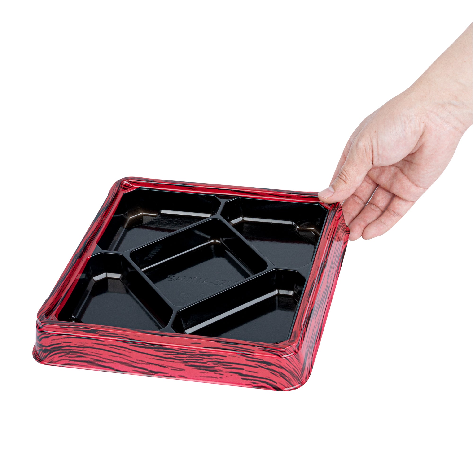 Bento Tek 19 oz Square Red and Black Plastic Bento Box with 5 Compartments | 8.5