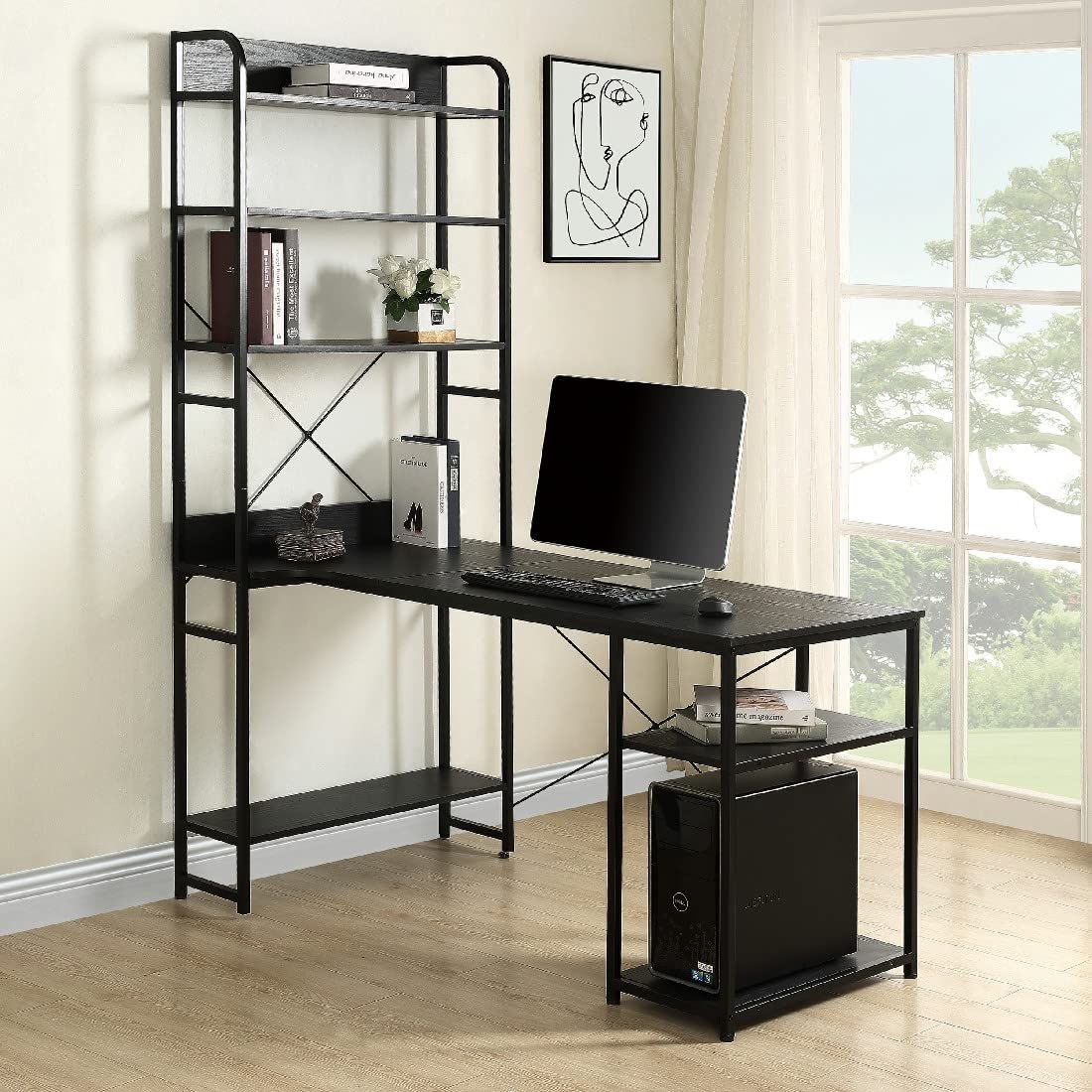 Ergonomic Home Office Computer Desk with Steel Frame & MDF Board - 5-Tier Open Bookshelf for Maximum Storage Space (Black) | Perfect for Remote Work, Study & Small Spaces
