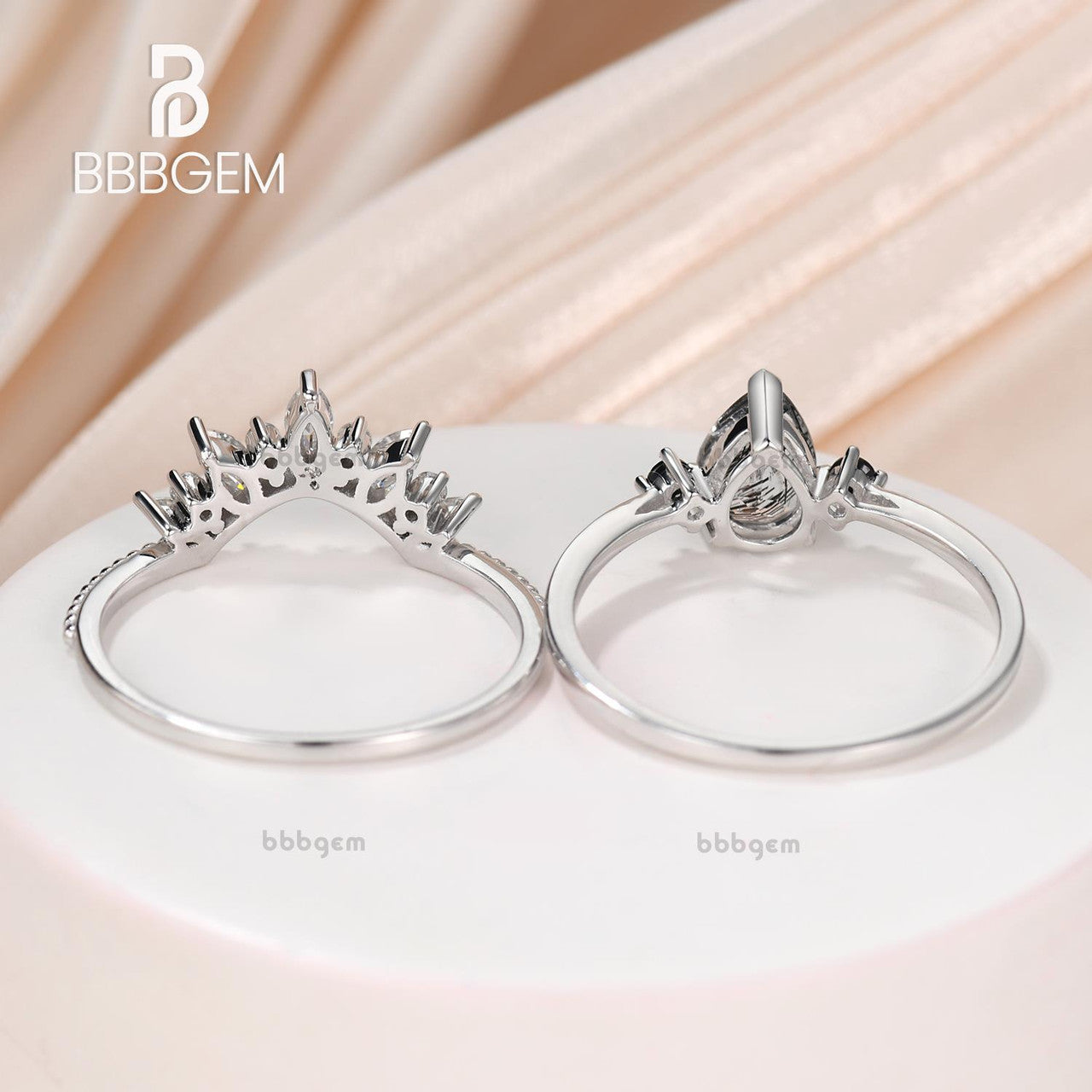 Pear Black Rutilated Quartz Bridal Ring Set in White Gold with Diamond Cluster - Elegant Engagement & Wedding Jewelry for Brides, Anniversary Gifts, and Special Occasions
