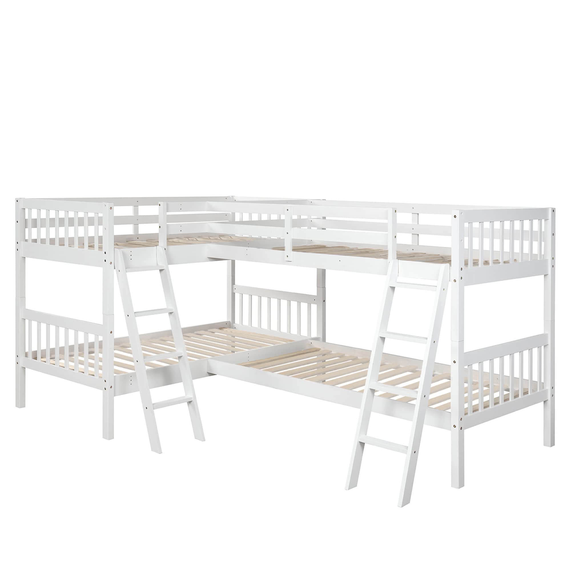 Harper & Bright Designs L-Shaped Quad Bunk Bed for 4 - Twin Size Wooden Bunk Bed Frame for Kids, Teens & Adults in White | Space-Saving Solution for Shared Bedrooms, Dorms & Vacation Homes