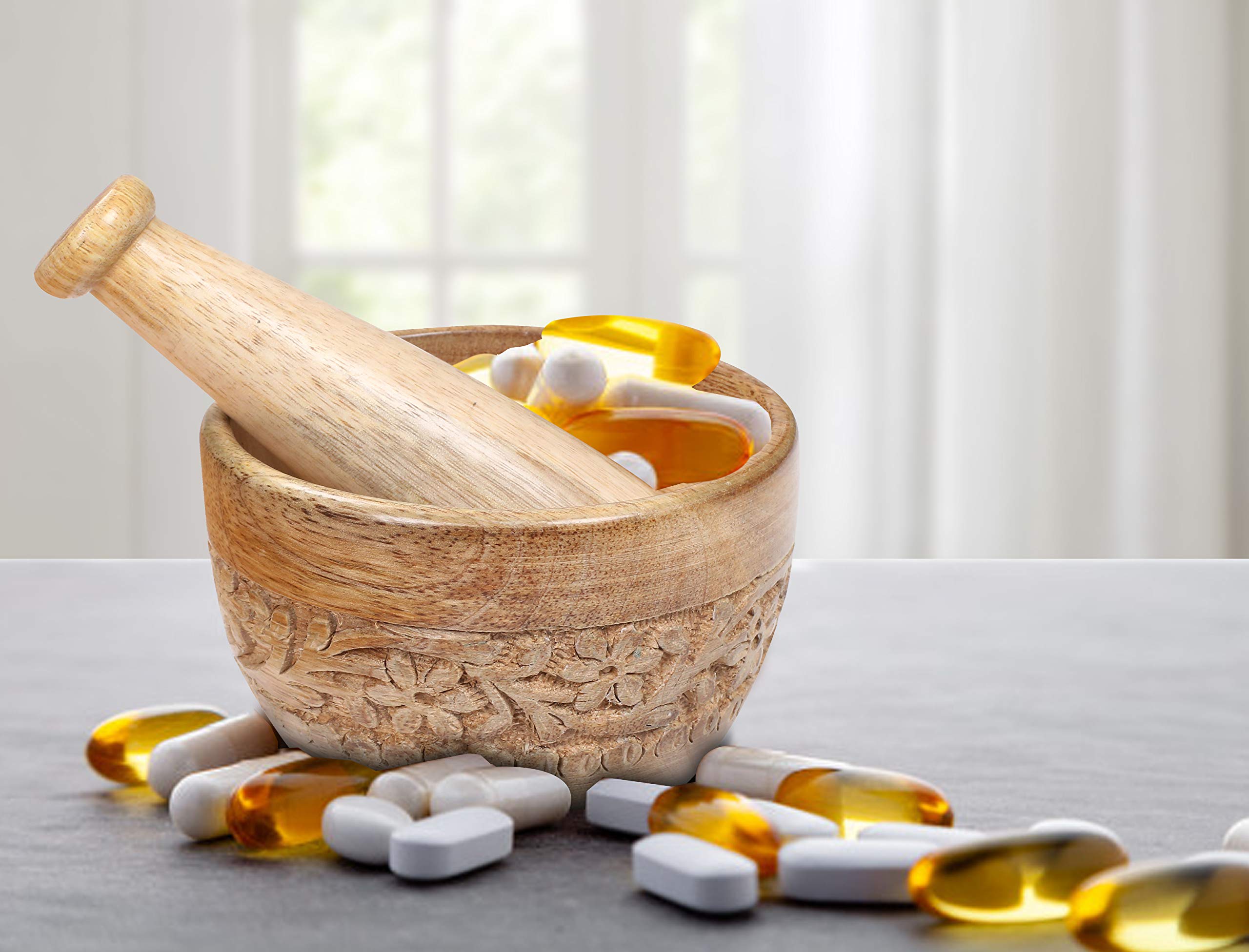 Hand Carved 4-Inch Natural Wooden Mortar and Pestle Set - Herb Grinder, Spice Masher, Garlic Press & Coffee Grinder for Kitchen, Cooking & Baking - Perfect for Grinding Herbs, Spices, Ginger & More