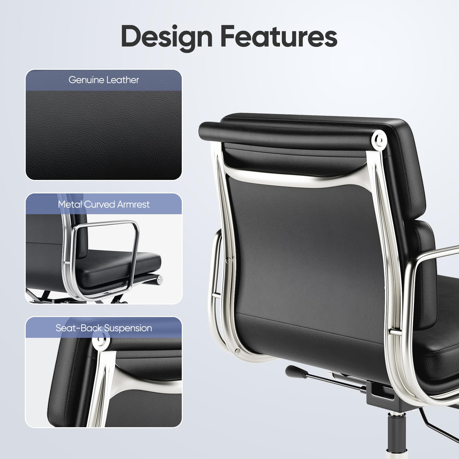 Premium Genuine Leather Office Chair - Mid Back Executive Desk Chair with Lumbar Support, Padded Arms & Smooth-Rolling Wheels - Ergonomic Aluminum Base Rolling Chair for Home Office, Conference Room & Workspace - Modern Black Leather Computer Chair for Professionals