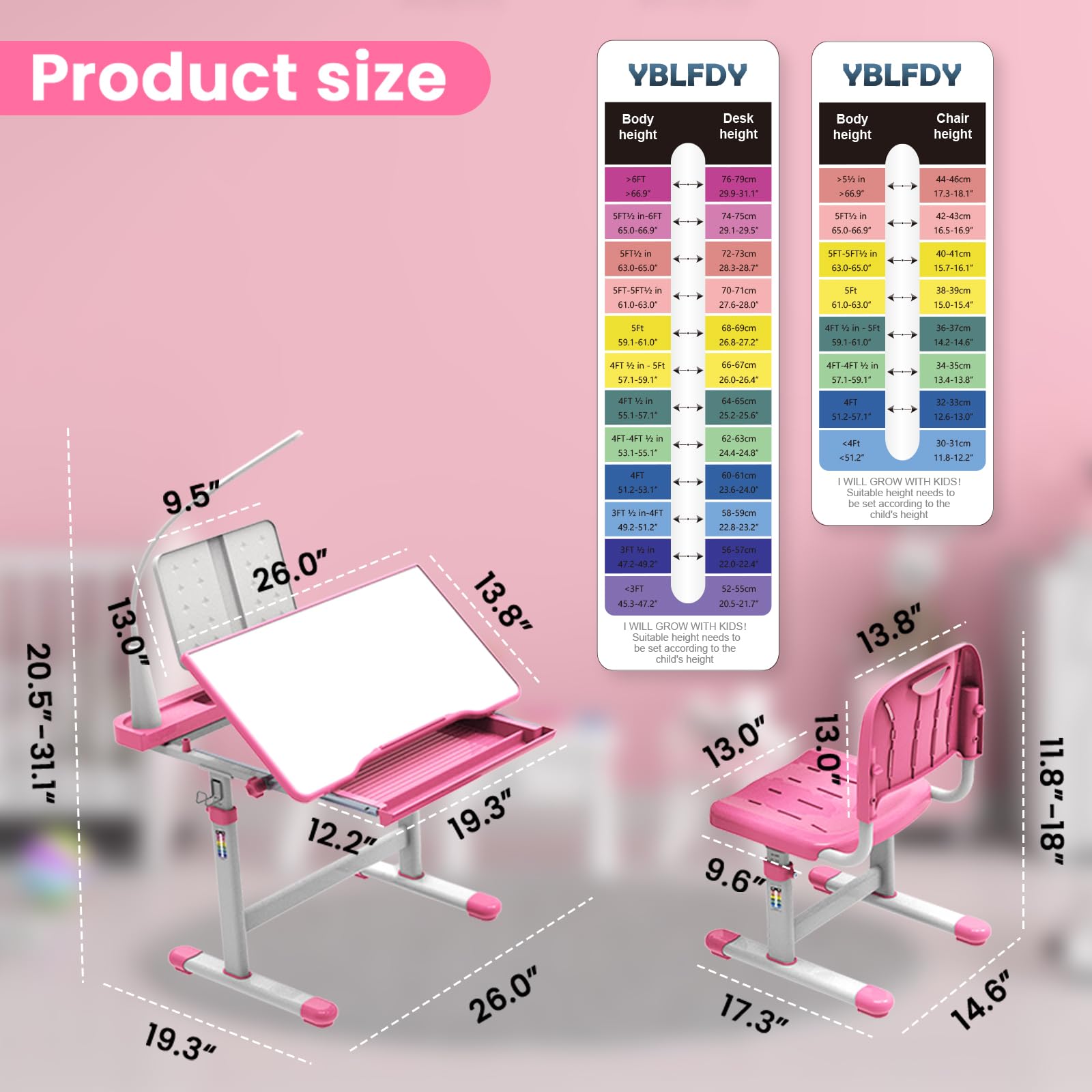 Adjustable Kids Study Desk with LED Light - Height & 40° Tiltable Desktop for Children Ages 5-8 | Perfect Birthday, Christmas & New Year Gift (Pink) | Ideal for Homework, Drawing & Reading Activities