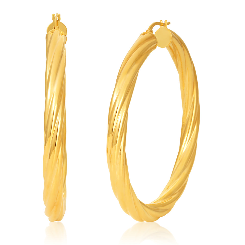 9ct Yellow Gold 40mm Twisted Striped Hoop Earrings for Women - Elegant Dangle Hoops for Party, Wedding & Everyday Wear | 9K Gold Jewelry Gift