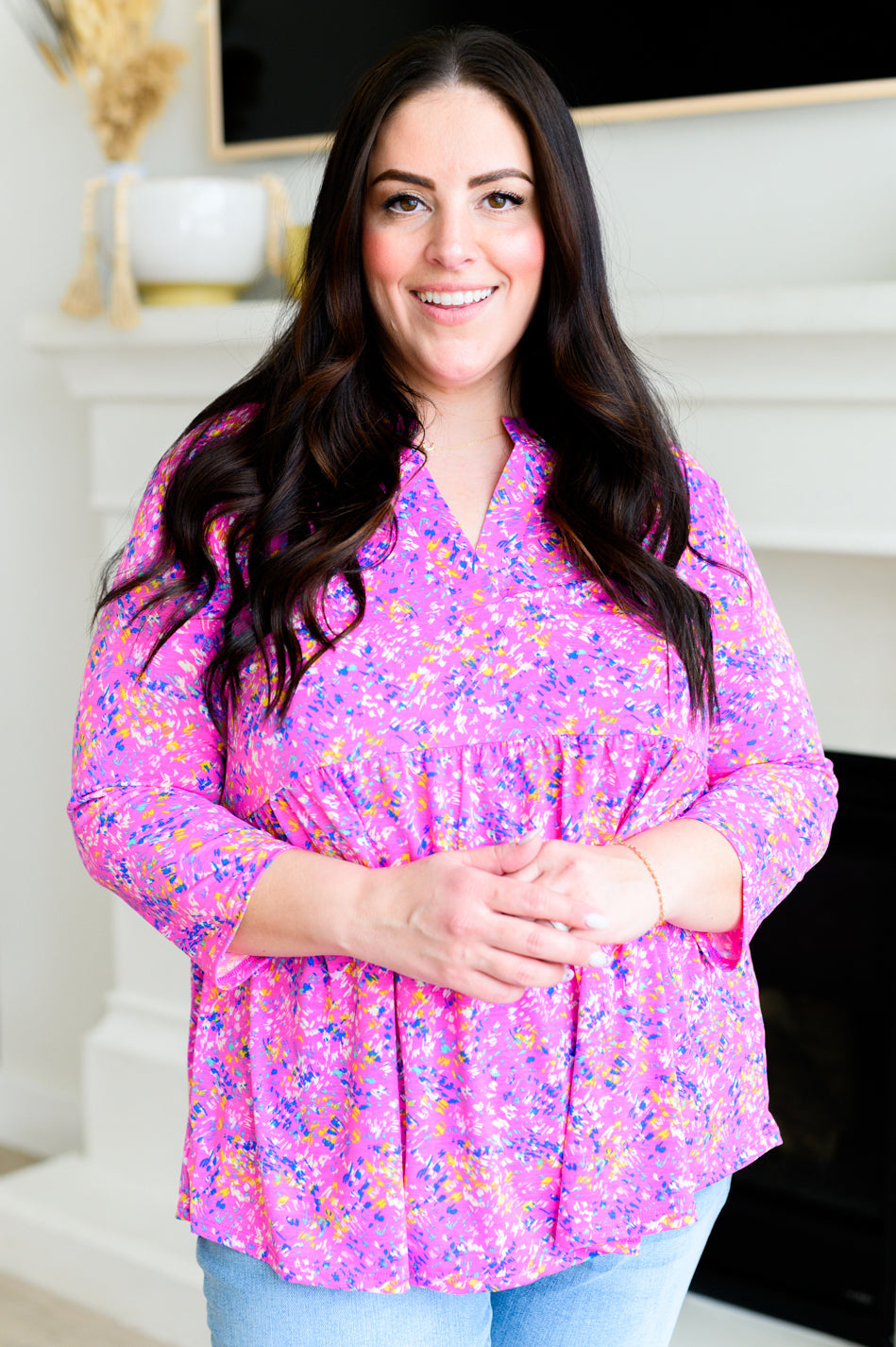 Lizzy Babydoll Top in Magenta Brushstrokes - Floral Print Women's Blouse for Casual Wear & Date Night Outfits