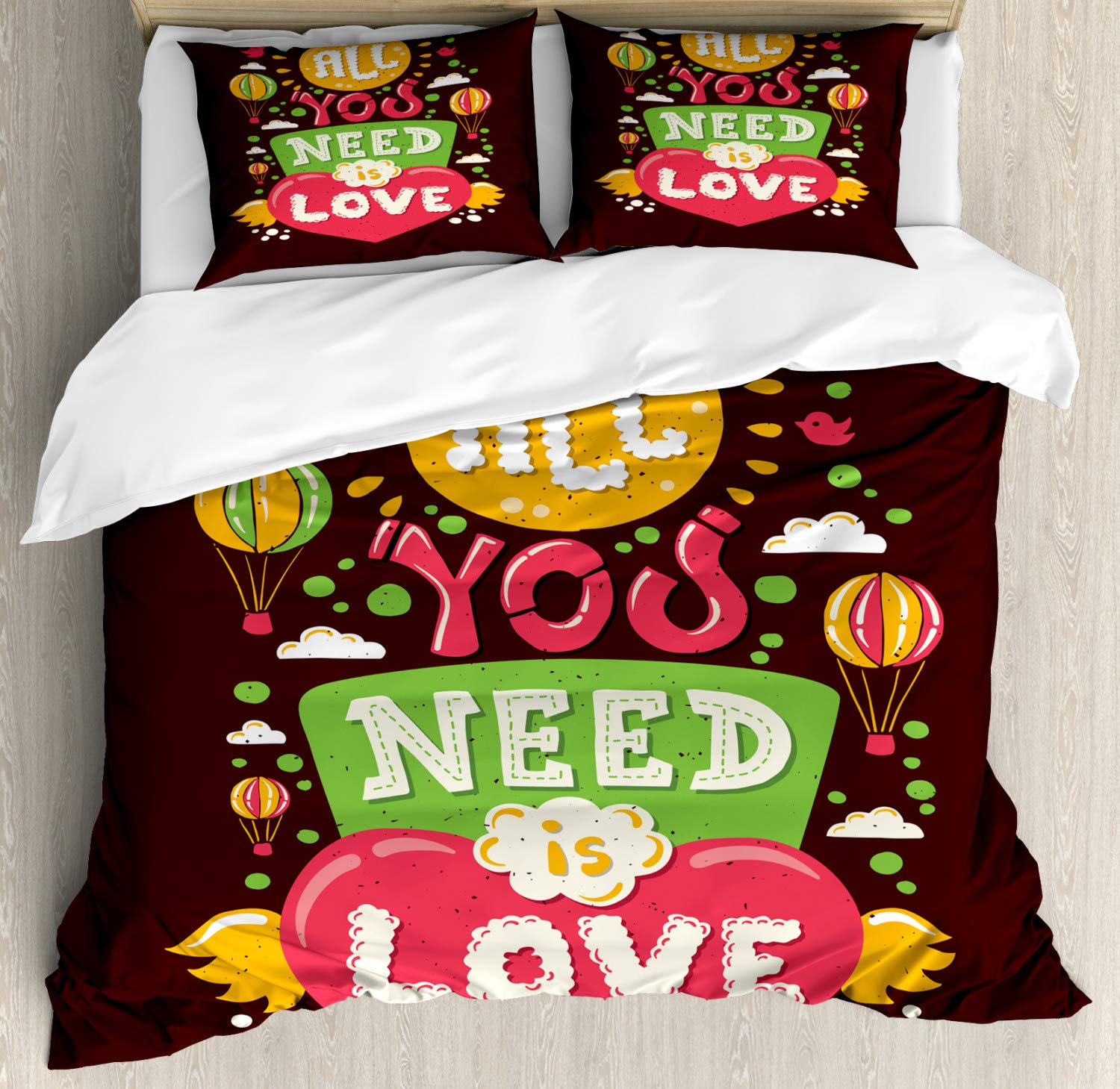 Ambesonne Love Themed Duvet Cover Set - Modern Hipster Design with Clouds & Hot Air Balloons, 3-Piece Queen Size Bedding Set with 2 Pillow Shams | Perfect for Bohemian Bedrooms, Guest Rooms & Dorm Decor