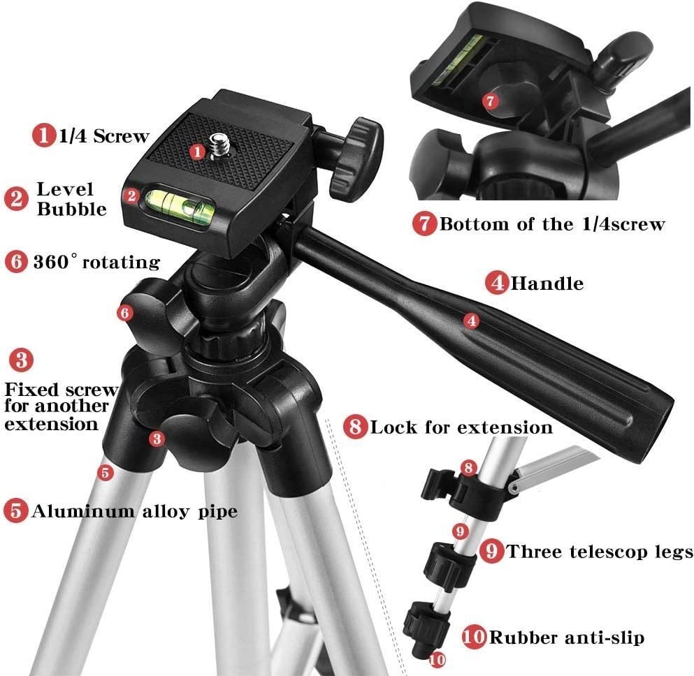 Lightweight Portable Aluminum Tripod Stand with Phone Holder for Smartphones & Cameras (Supports Under 2kg) - Adjustable Height 33-103cm - Perfect for Vlogging, Photography & Live Streaming