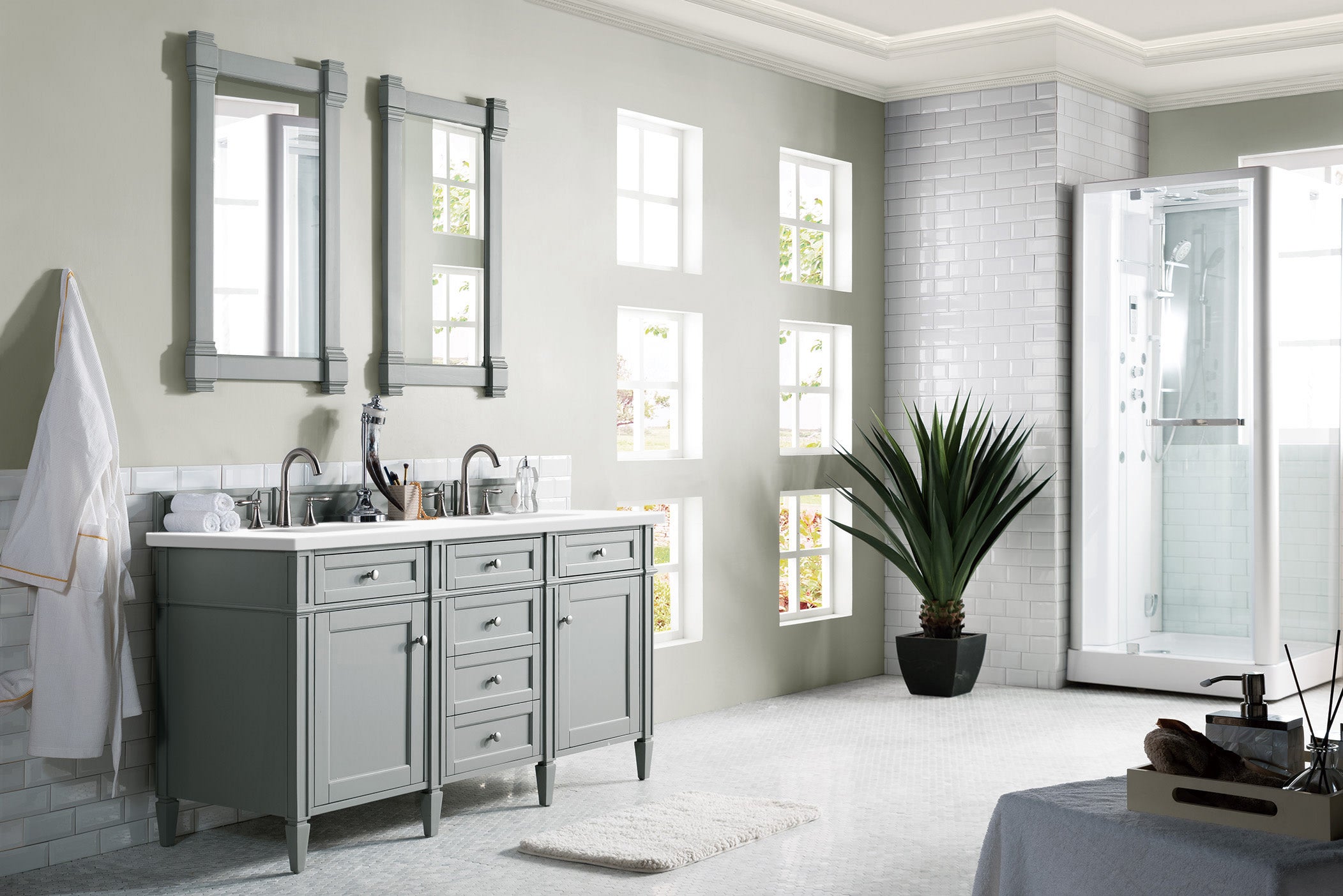 Brittany 60-Inch Urban Gray Double Bathroom Vanity with 3CM White Zeus Quartz Countertop - Modern Bathroom Storage for Master & Guest Bathrooms