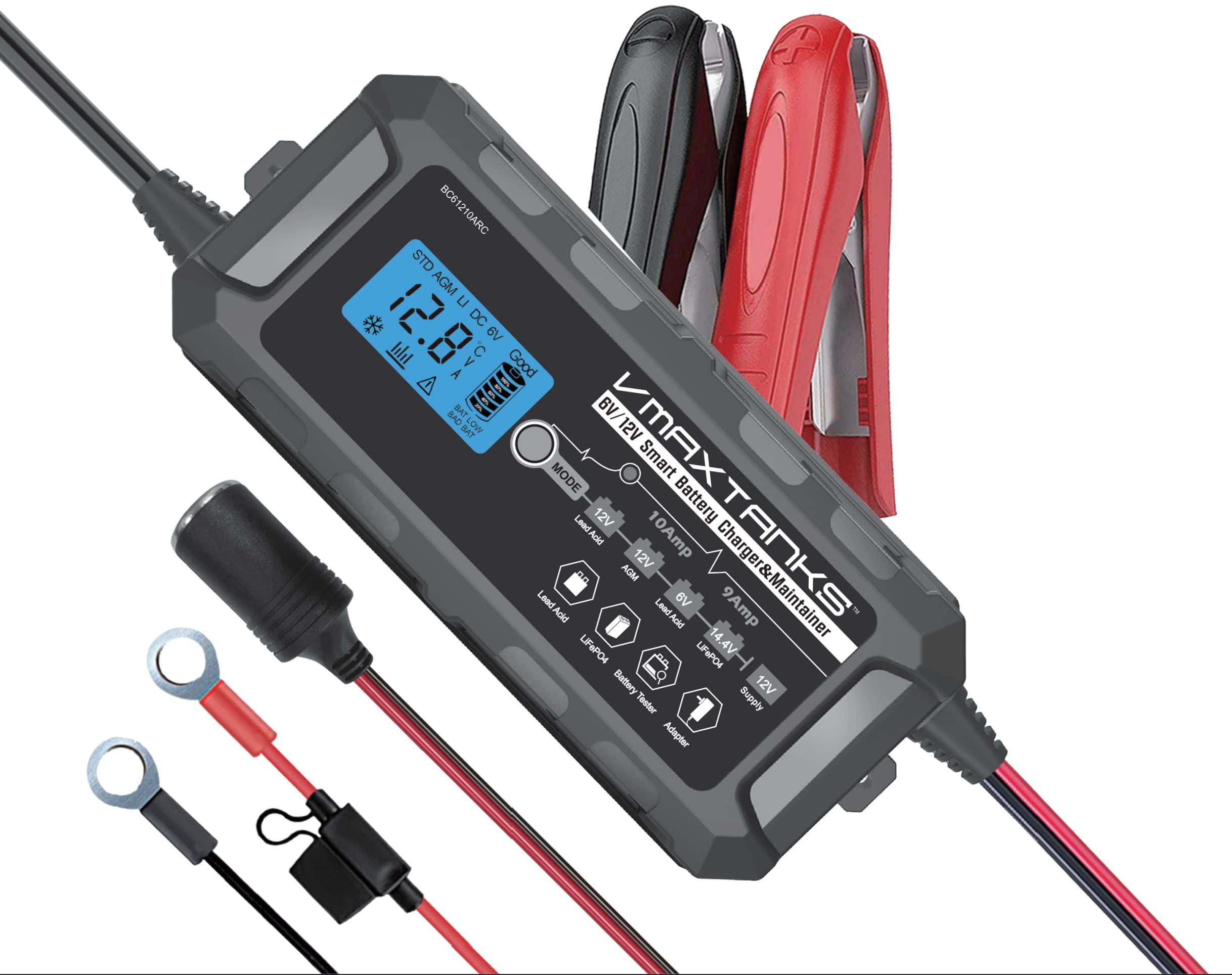 VMAXTANKS BC61210ARC 10A Automatic Smart Charger - 6V/12V Portable Car Battery Charger & Maintainer for AGM, SLA, LiFePO4, Gel, Lead Acid Batteries | Perfect for Automotive, Marine, RV, Motorcycle & Seasonal Vehicle Storage