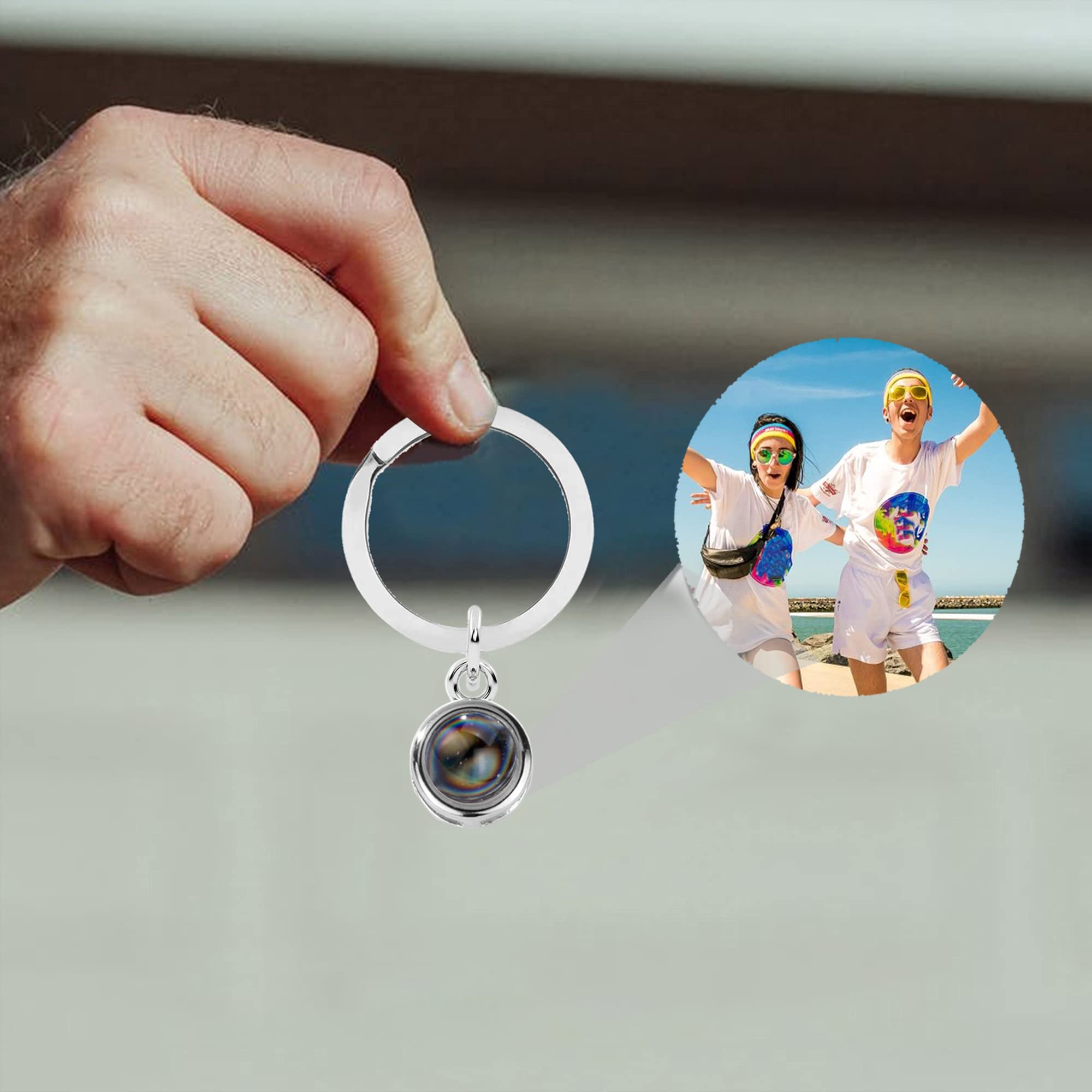 Custom Engraved 925 Sterling Silver Photo Keychain - Personalized Round Projection Pendant Gift for Men & Women - Perfect for Anniversaries, Birthdays & Keepsakes
