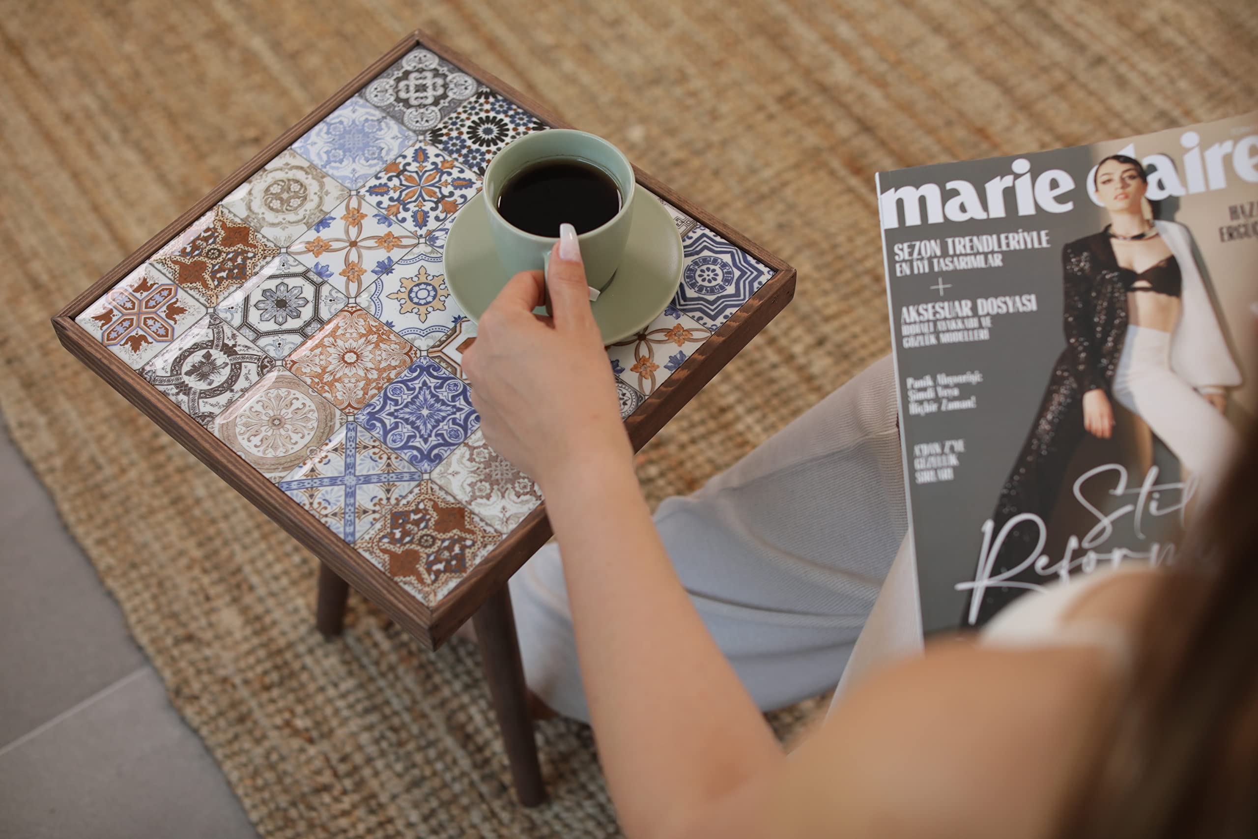Comfyt Side Table - Solid Wood Coffee Table with Mexican Tile Top, Ceramic End Table for Living Room, Bedroom & Home Decor | Nightstand, Bedside Table & Accent Table for Modern Homes