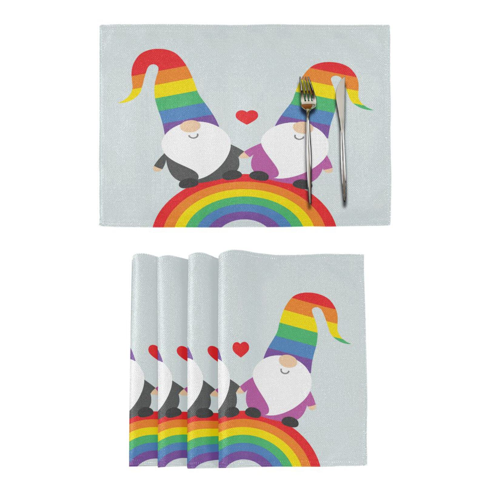 Rainbow Pride Placemats Set of 4 - LGBT Gnome Valentine Themed Washable & Heat Resistant Kitchen Table Mats 12x18 Inch - Perfect for Dining, Parties & LGBTQ+ Celebrations