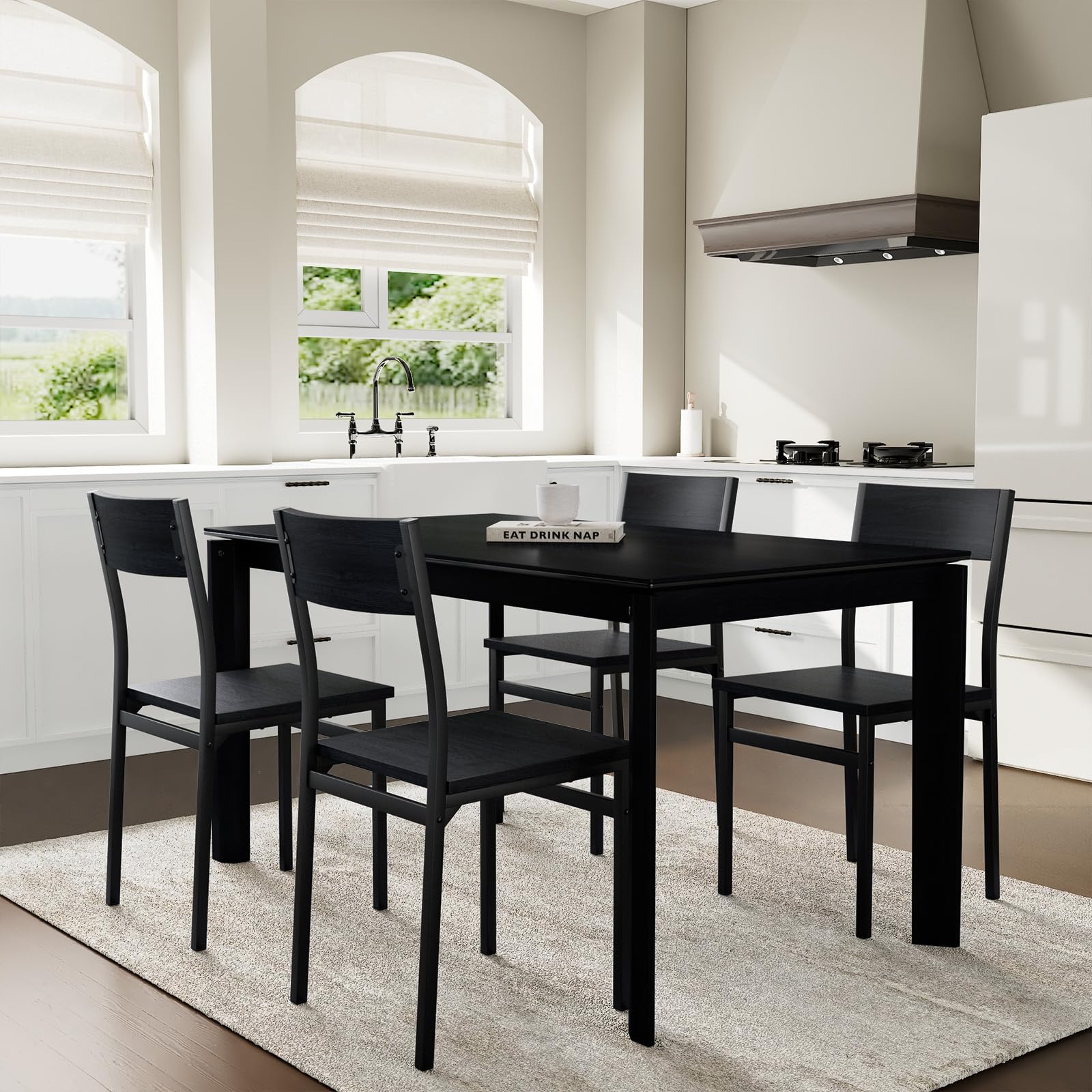 4-Piece Rustic Wood Dining Chairs Set with Metal Steel Frame & Slat Back - Modern Farmhouse Style Kitchen, Dining Room & Living Room Seating (Black) - Perfect for Family Gatherings, Dinner Parties & Home Decor