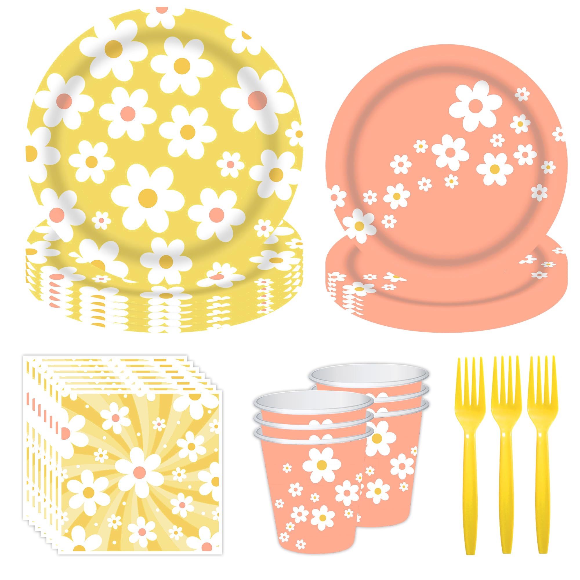 120 Pcs Daisy Party Decorations Set - Disposable Dinnerware Plates, Napkins, Cups & Forks - Food Grade Flower Theme Birthday Party Supplies - Serves 24 Guests - Perfect for Garden Parties, Baby Showers & Spring Celebrations