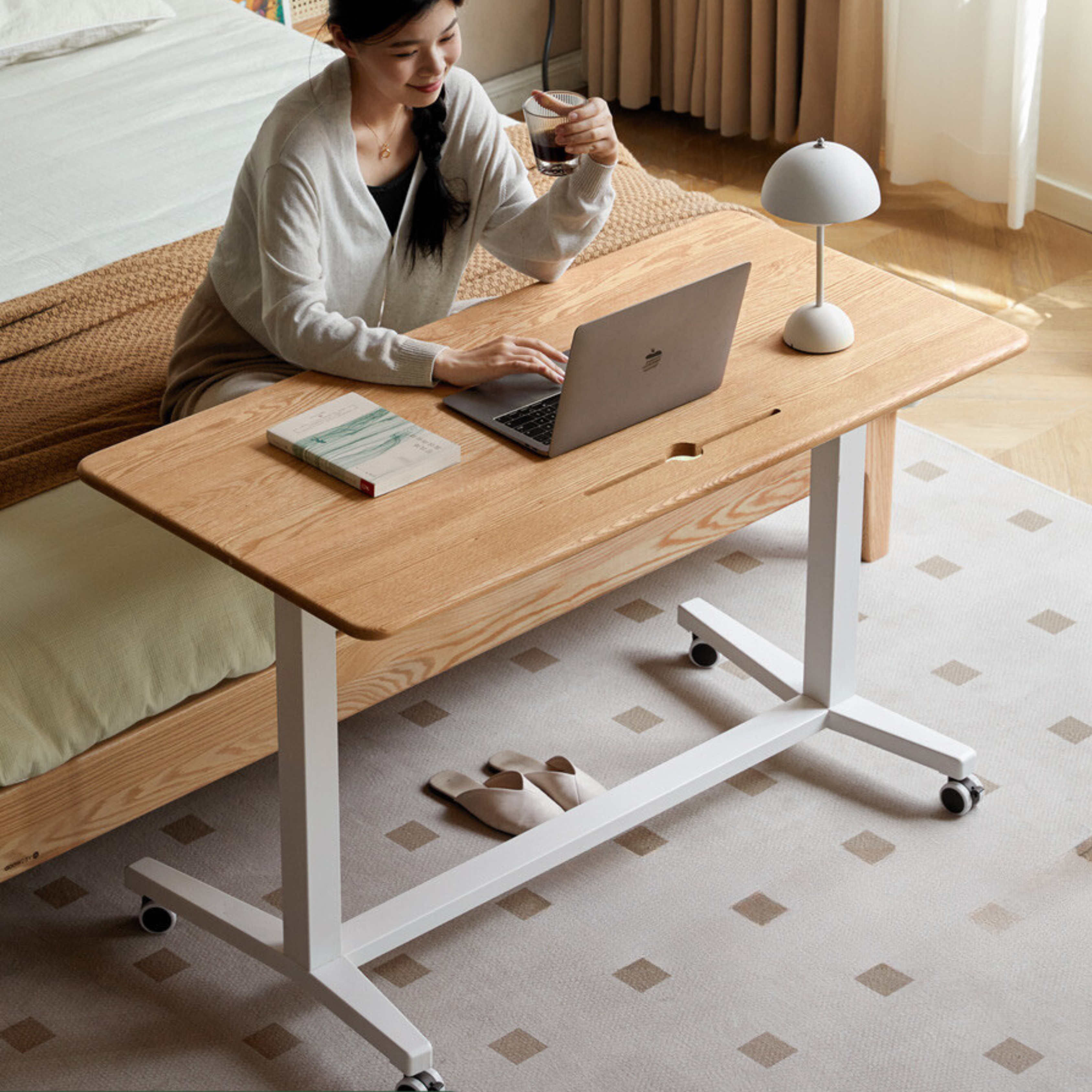 Solid Oak Wood Standing Desk for Home Office - Adjustable Height Mobile Workstation for Ergonomics & Productivity - Perfect for Remote Work, Study, and Small Spaces