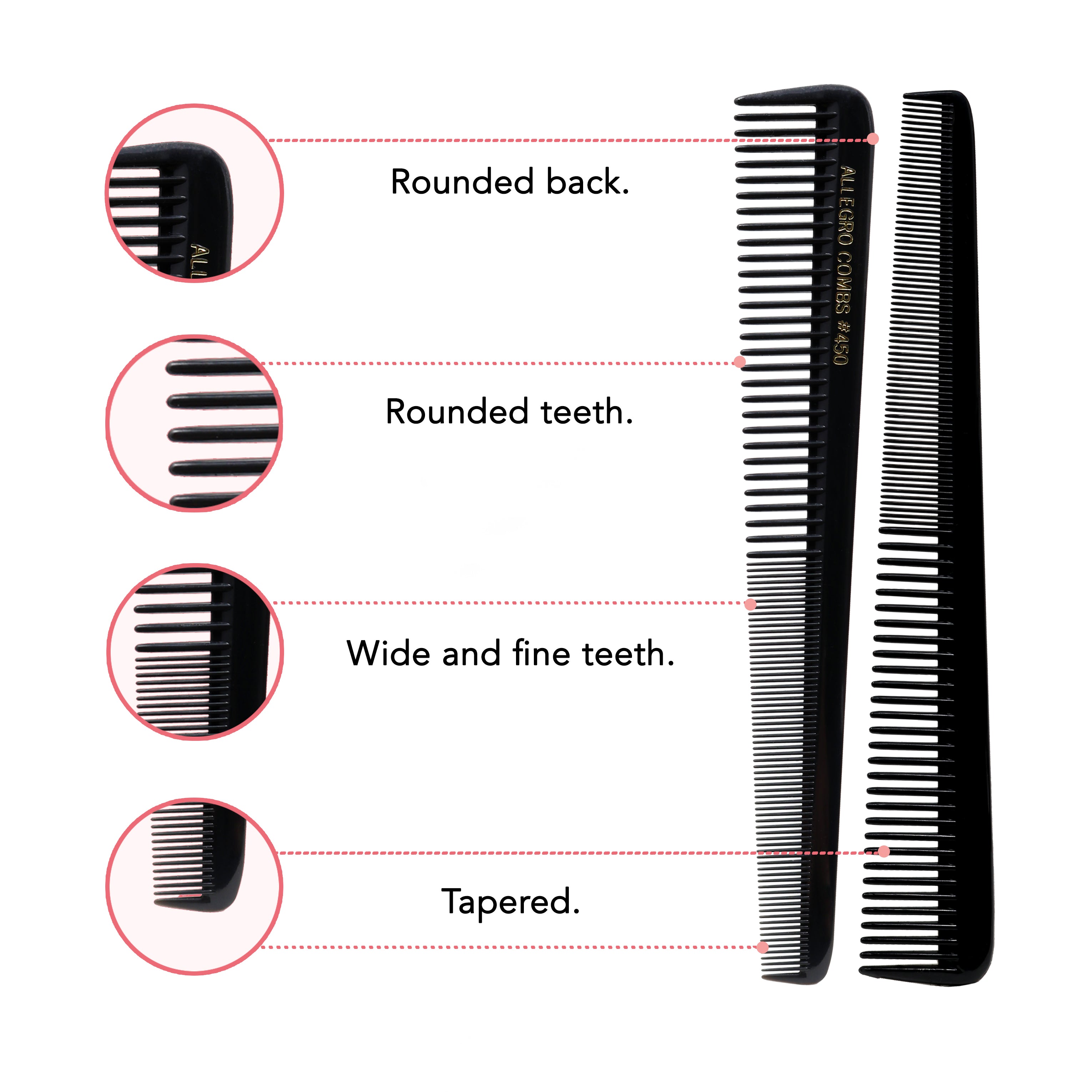 Allegro Combs 450 Professional Tapered Barber Hair Cutting Combs - 12 Pack Black Styling Combs for Fade, Undercut & Precision Haircuts | Salon & Home Use
