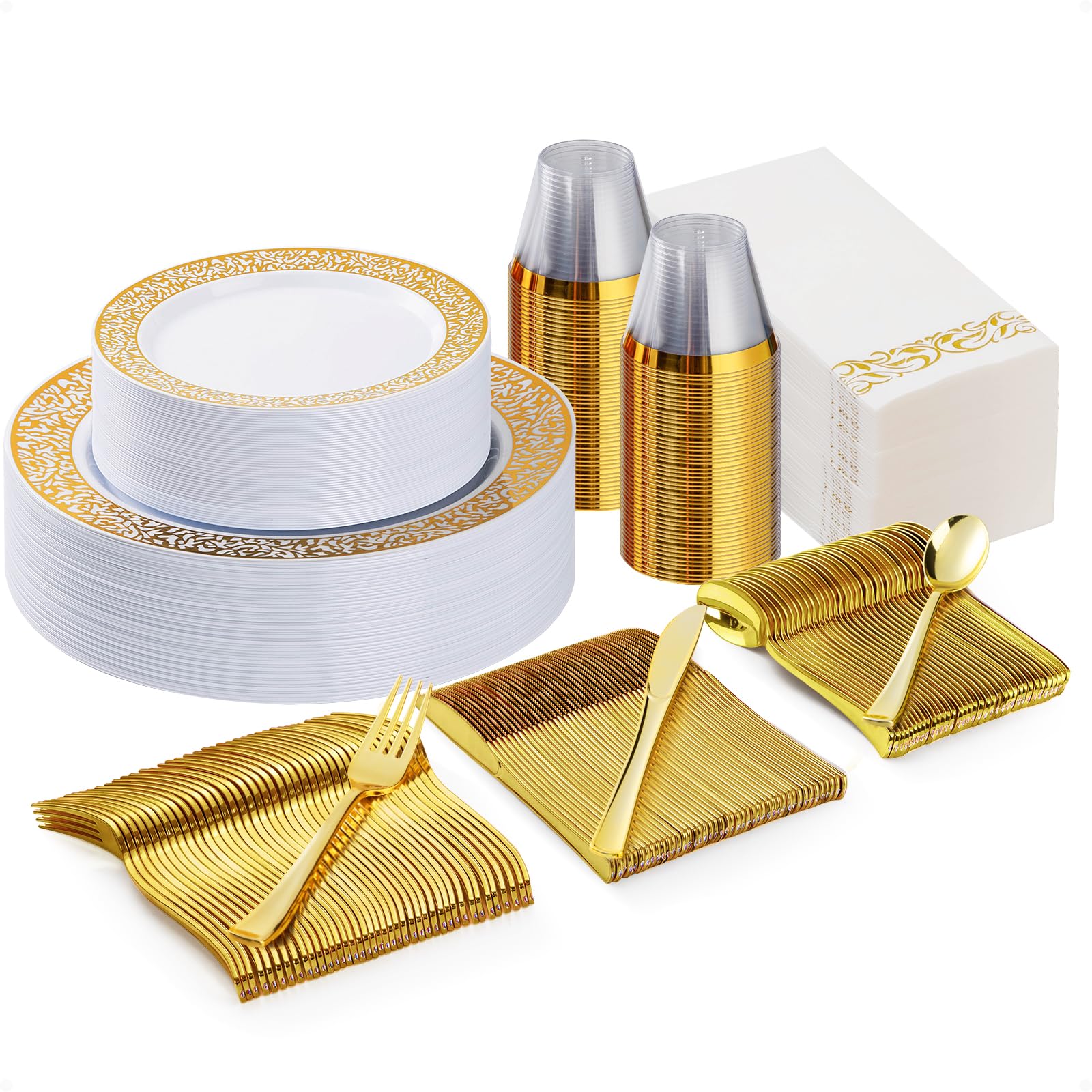 175-Piece Gold Plastic Dinnerware Set for 25 Guests - Disposable Plates, Silverware, Cups & Napkins for Wedding, Party & Dinner Events - Elegant Tableware for Special Occasions