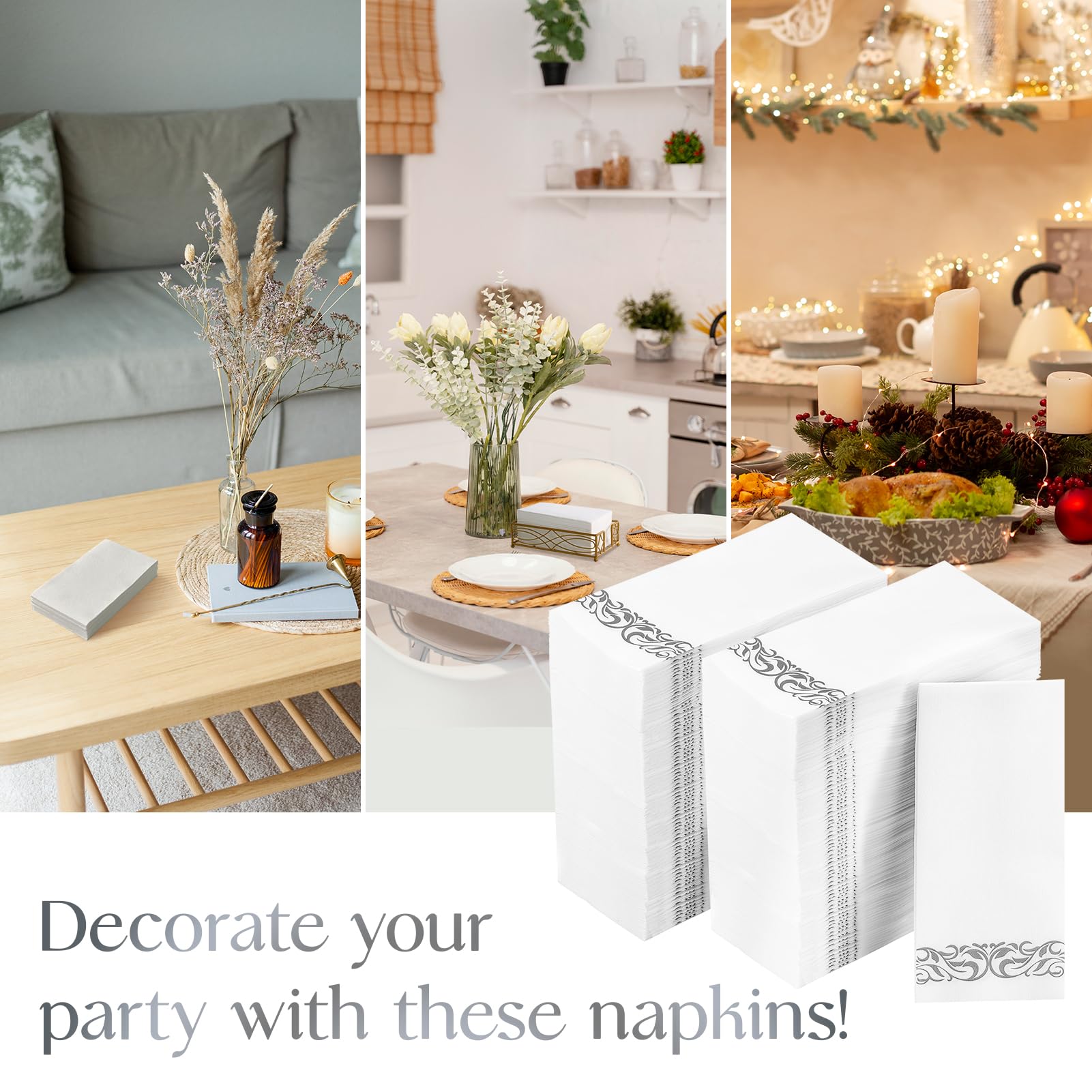 Premium 3-Ply Disposable Paper Napkins - 400 Pack Soft & Absorbent Guest Towels for Weddings, Parties, Dinners & Events - Vplus Silver Dinner Napkins for Kitchen, Restaurant & Home Entertaining