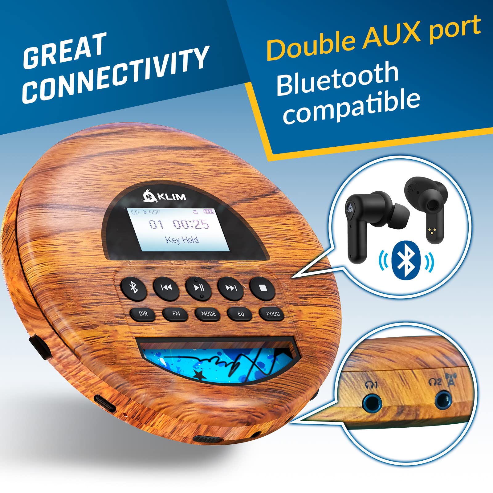 KLIM Nomad Wood Portable CD Player Walkman with FM Radio & Bluetooth - Long-Lasting Battery, Includes Headphones, MP3 & TF Card Compatible - Perfect for Car Rides, Travel & Outdoor Activities (2024 New Model)