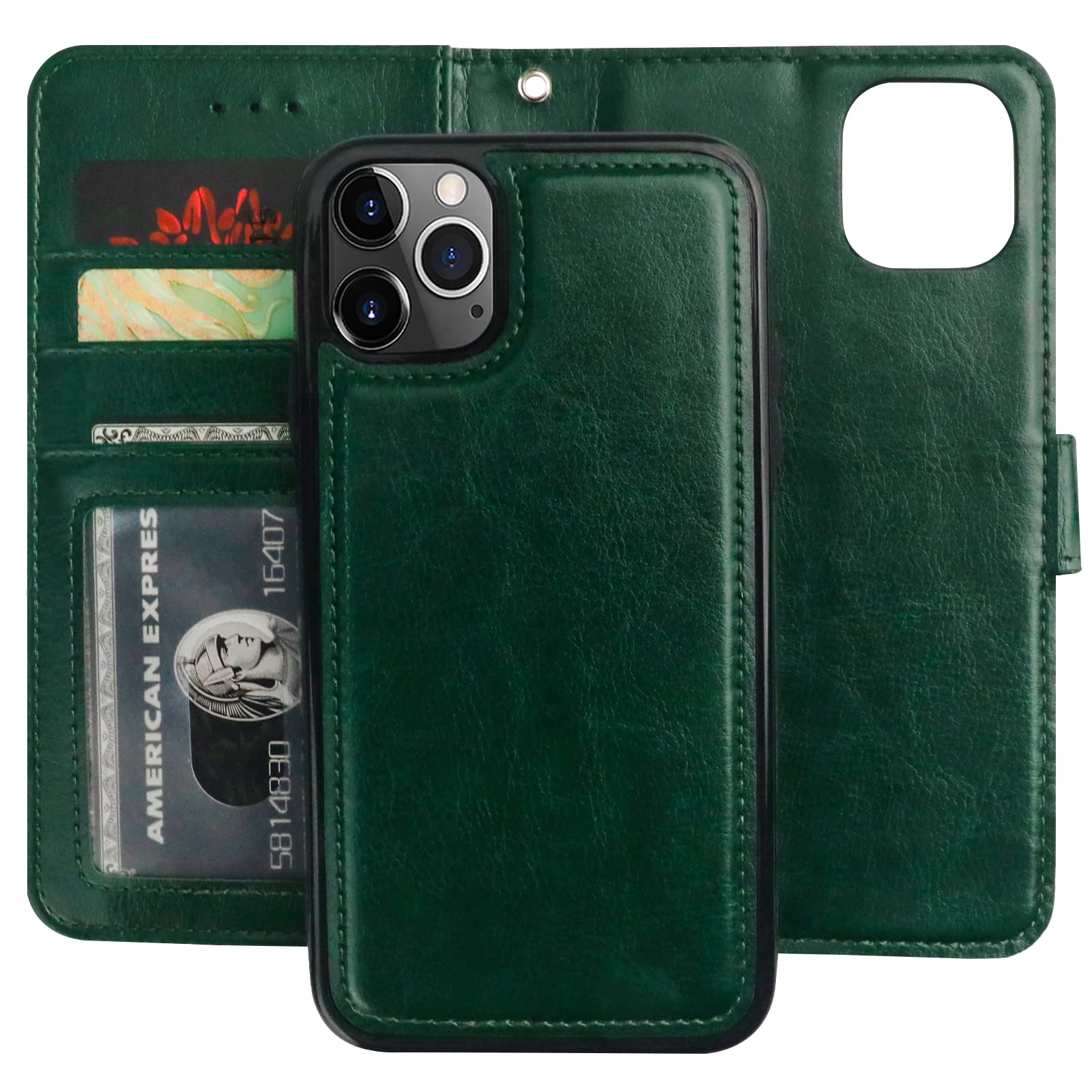 Premium PU Leather Magnetic Detachable Wallet Case for iPhone 11 Pro Max - Card Holder, Kickstand & Shockproof Protection with Wrist Strap (6.5 Inch, Green) | Perfect for Daily Commute, Travel & Hands-Free Convenience
