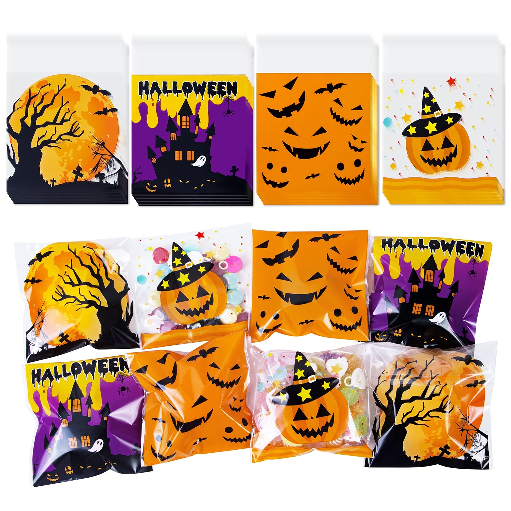 Eunvabir 160 PCS Halloween Cellophane Treat Bags - Self Adhesive Candy Goodie Cookie Snacks Gift Bags for Trick or Treat Party Favors, Classroom Prizes, Halloween Party Supplies & School Events