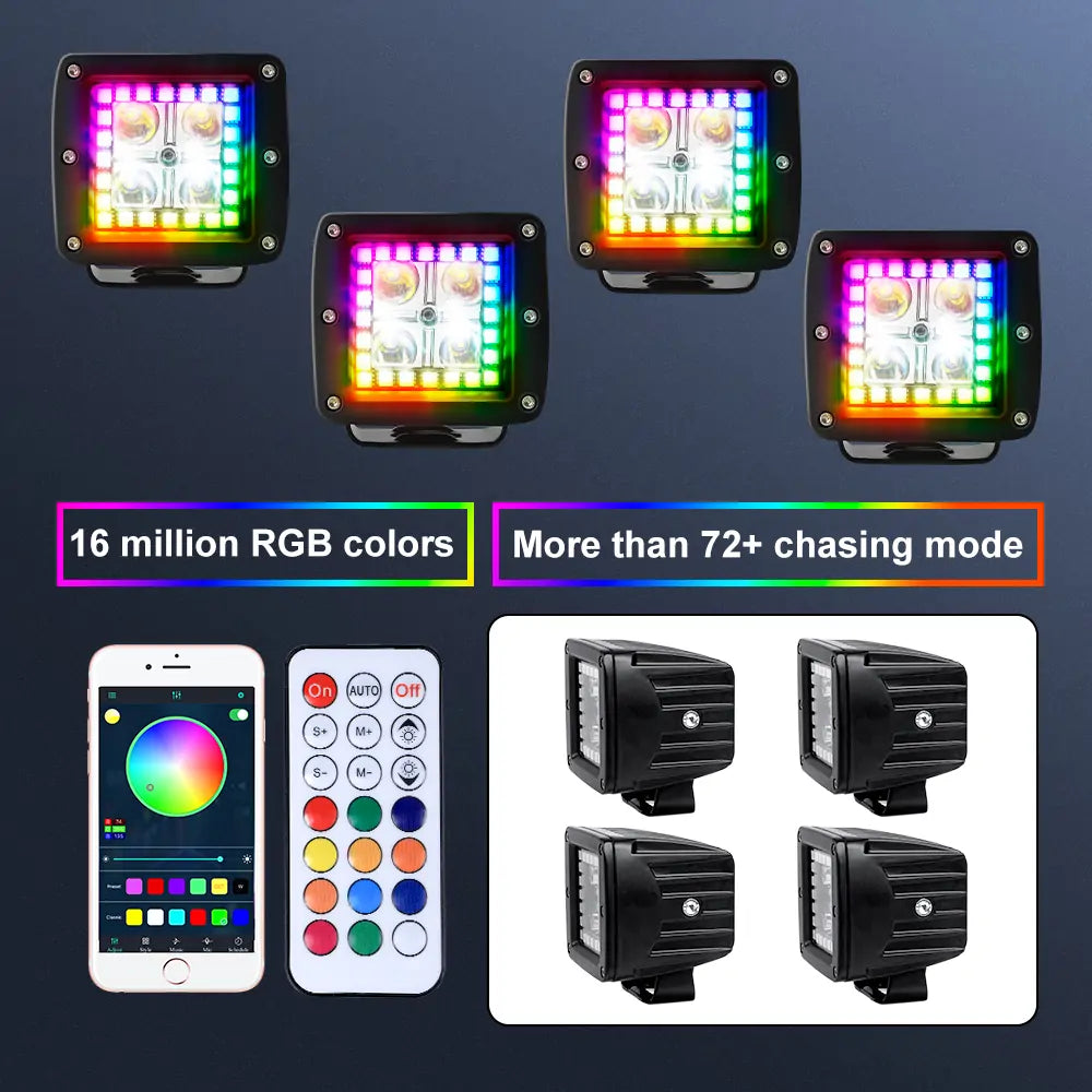 12W 3 RGB Chasing LED Light Pods for Off-Road Vehicles - 4 Pack | Waterproof ATV/UTV Lighting for Night Driving, Camping & Outdoor Adventures