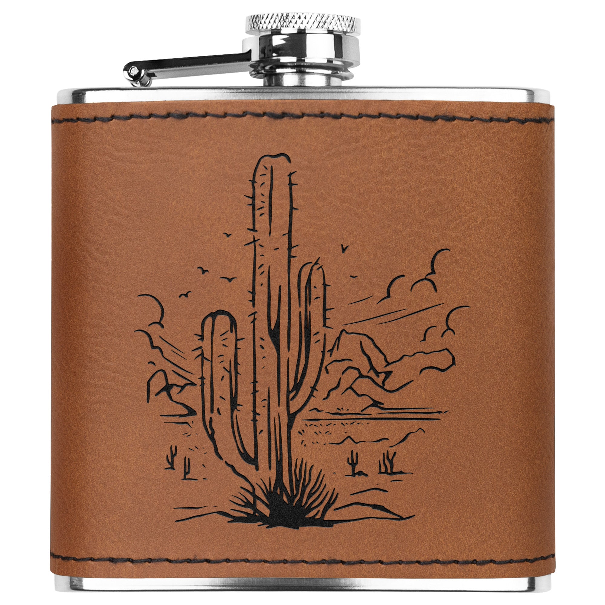 Cactus Design Stainless Steel Leather Flask - Perfect for Outdoor Adventures, Camping & Gifts