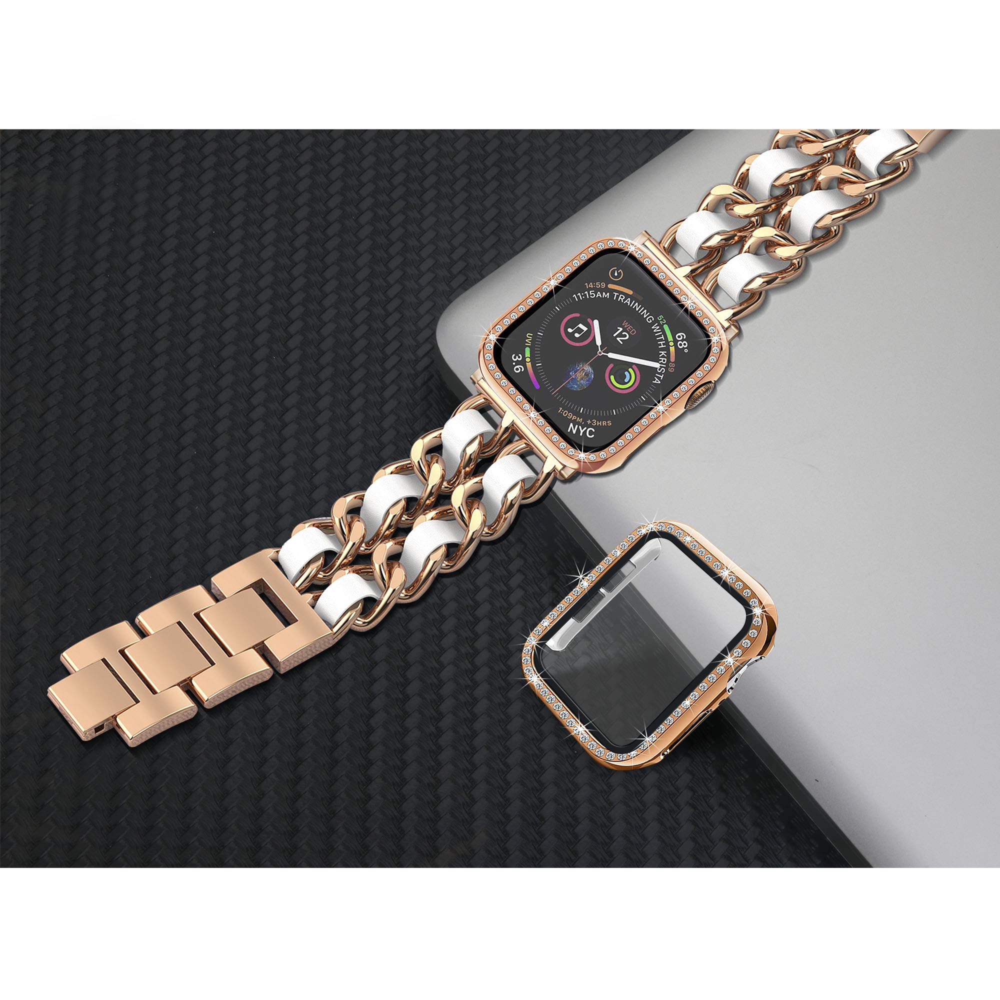 Elegant Rose Gold Metal Band with White Leather Strap for Apple Watch 40mm - Compatible with Series SE/6/5/4, Includes 2-Pack Screen Protectors & Bling Case Cover - Perfect for Women's Fashion, Jewelry Bracelets & Everyday Wear