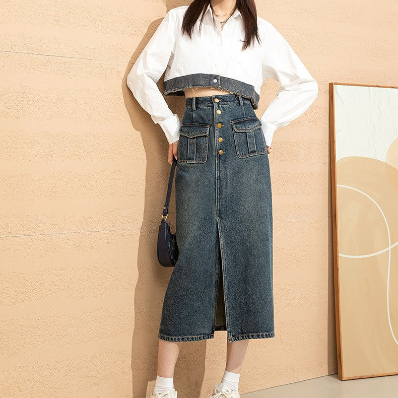 High Waist Denim Skirt for Women - Stretchy Work Skirt with Pockets - Perfect for Office, Casual Wear & Date Nights