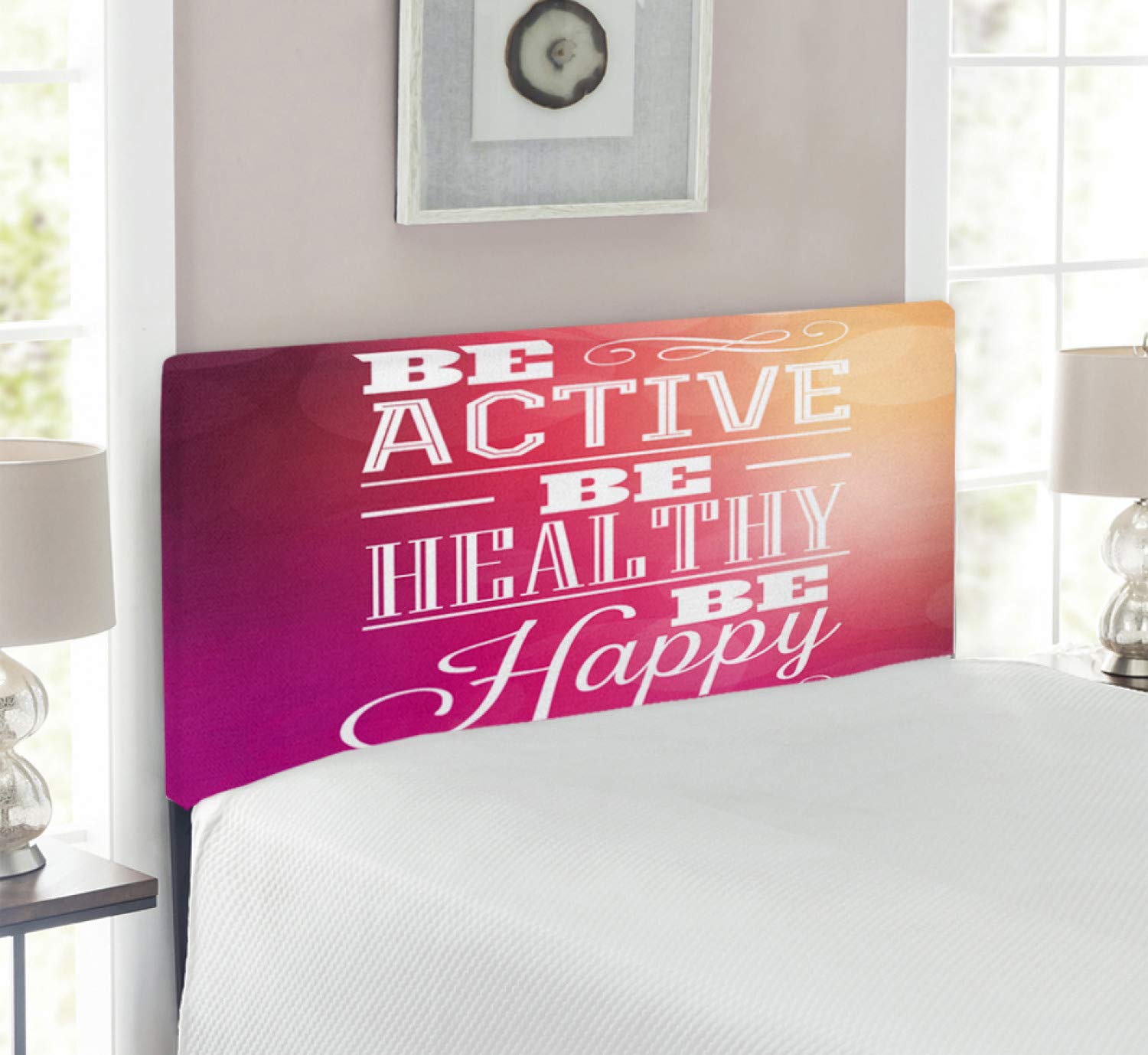 Ambesonne Fitness Headboard - Upholstered Decorative Metal Bed Headboard with Memory Foam, Typographic 'Be Active Be Healthy Be Happy' Design, Twin Size in Fuchsia White Peach - Perfect for Home Gym Decor & Bedroom Motivation