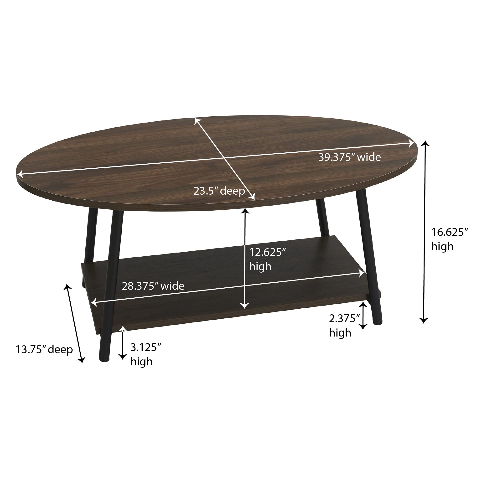 Mid Century Modern Jamestown Oval Coffee Table with Storage Shelf - Walnut Wood Grain & Black Metal - Perfect for Living Room, Office, or Lounge Area