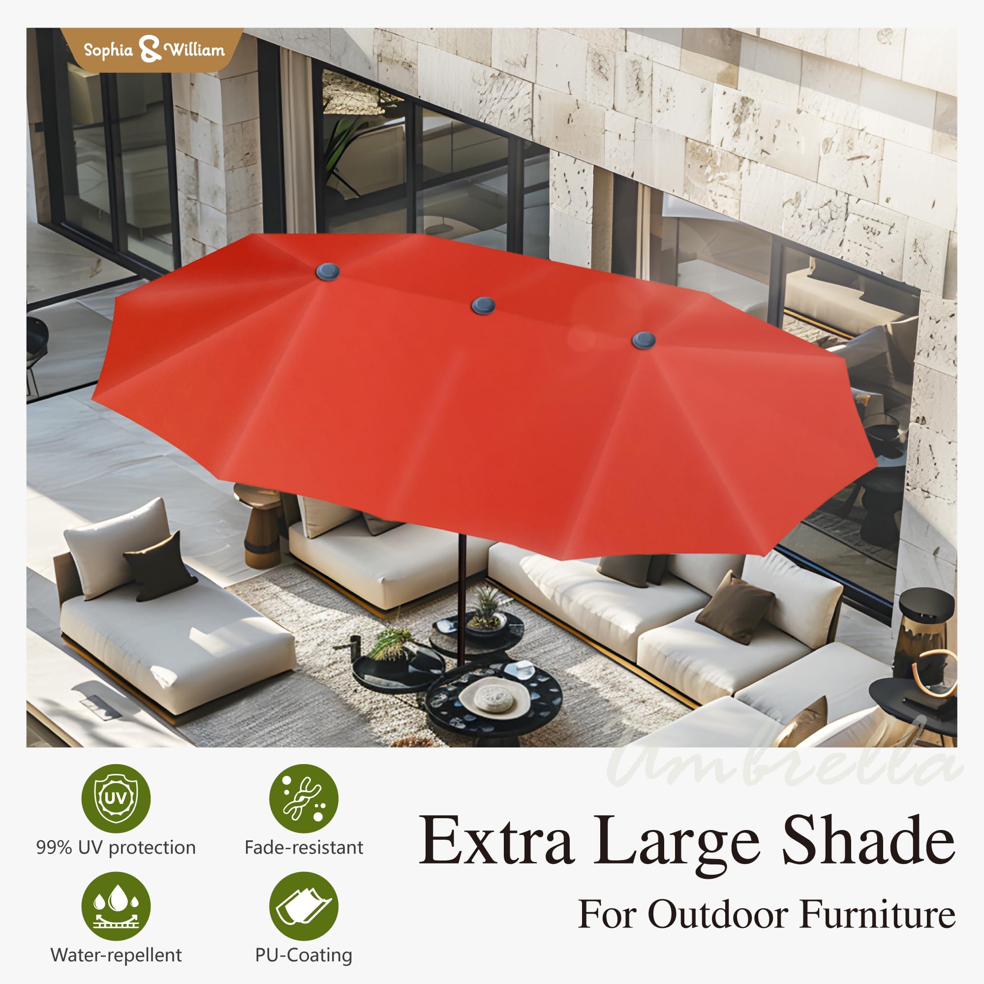 Sophia & William 8-Piece Metal Outdoor Dining Set with 6 Chairs, Rectangular Table & 13ft Double-Sided Patio Umbrella - Orange Red - Perfect for Backyard BBQs, Poolside Gatherings & Garden Parties