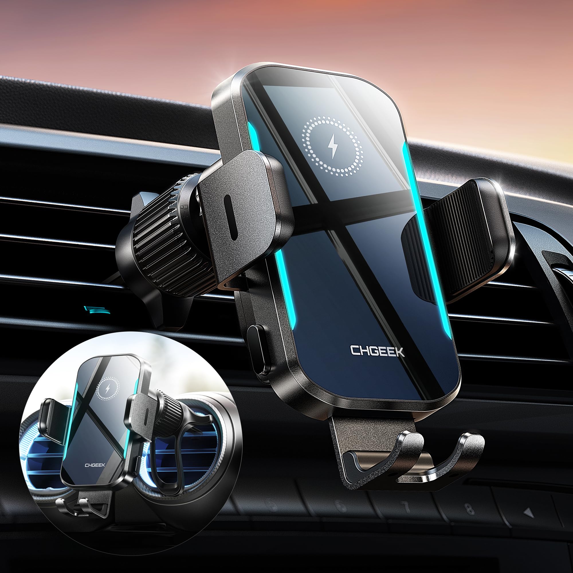 15W Fast Wireless Car Charger & Auto-Clamping Air Vent Phone Mount - Compatible with iPhone 16/15/14/13/12, Samsung S24/S23/S22 - Blue LED Backlit for Safe Night Driving | Perfect for Commuting, Road Trips & GPS Navigation
