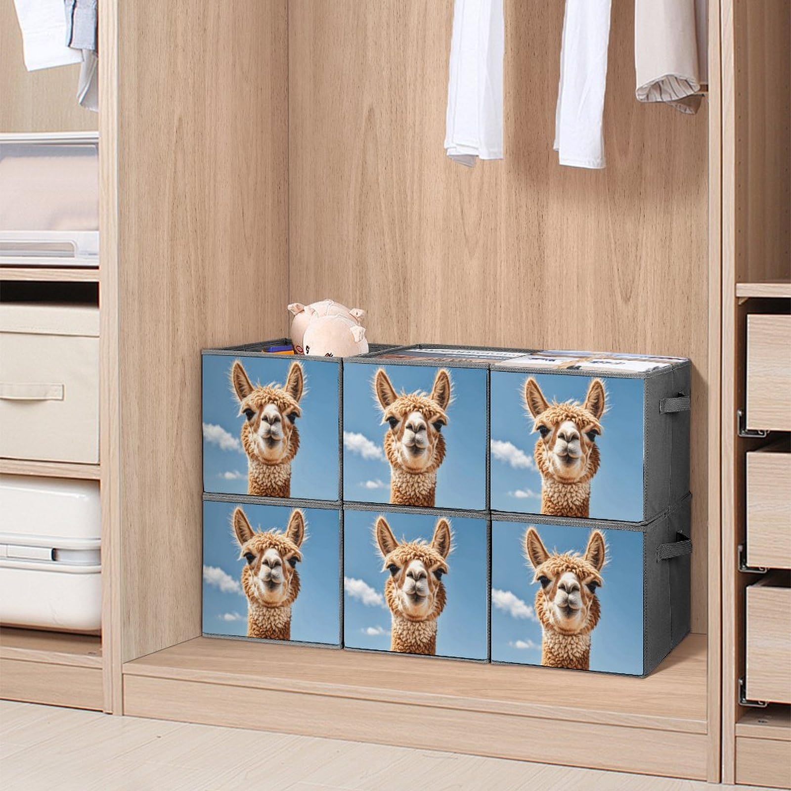 6-Piece Collapsible Storage Bins with Handles - Cute Alpaca Llama Printed Foldable Organizer Boxes for Shelves, Closet, Bathroom & Kids Room Organization | Space-Saving Home Storage Solution