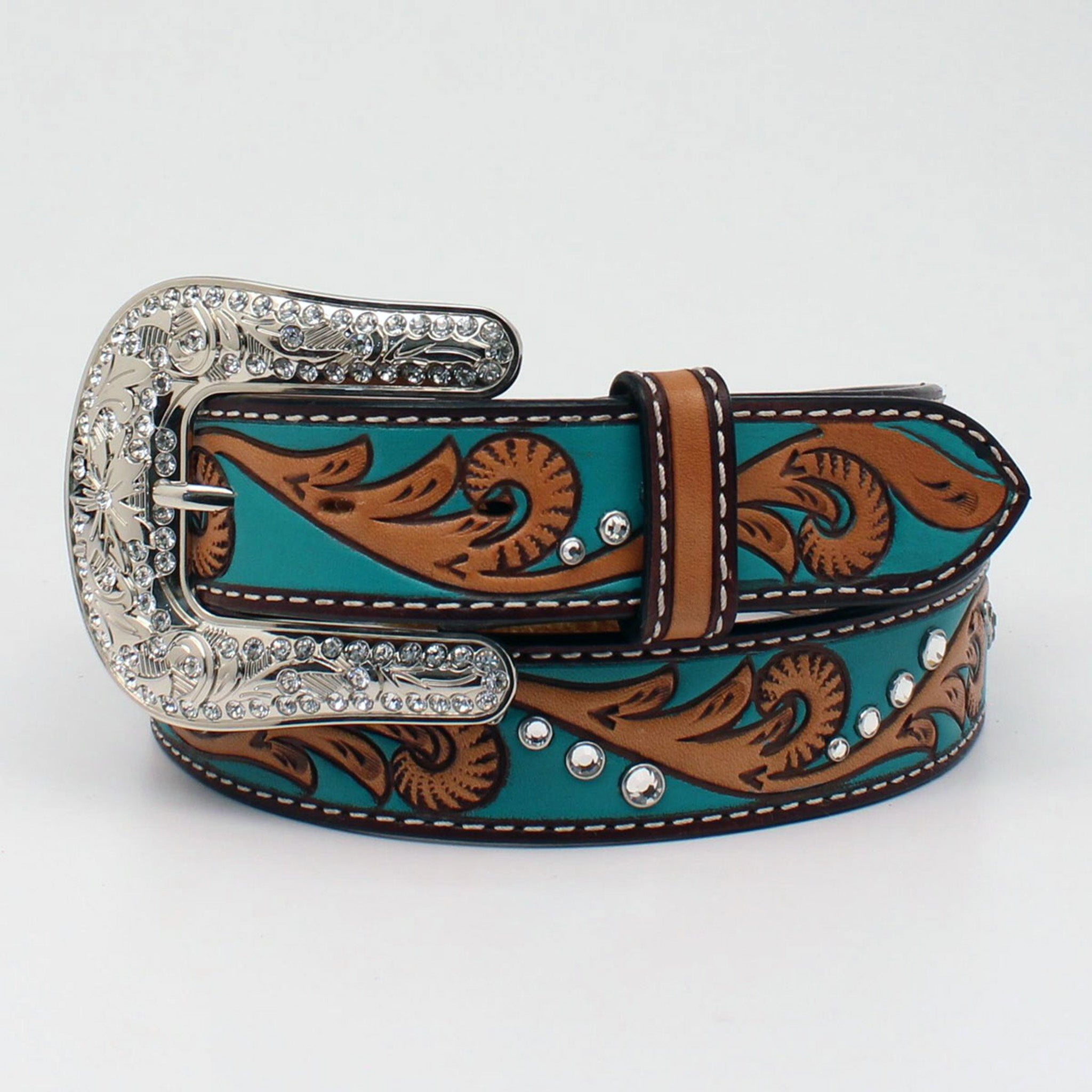 Angel Ranch Women's Turquoise & Brown Floral Tooled Leather Belt - Western Style Accessory for Jeans, Dresses & Cowgirl Outfits