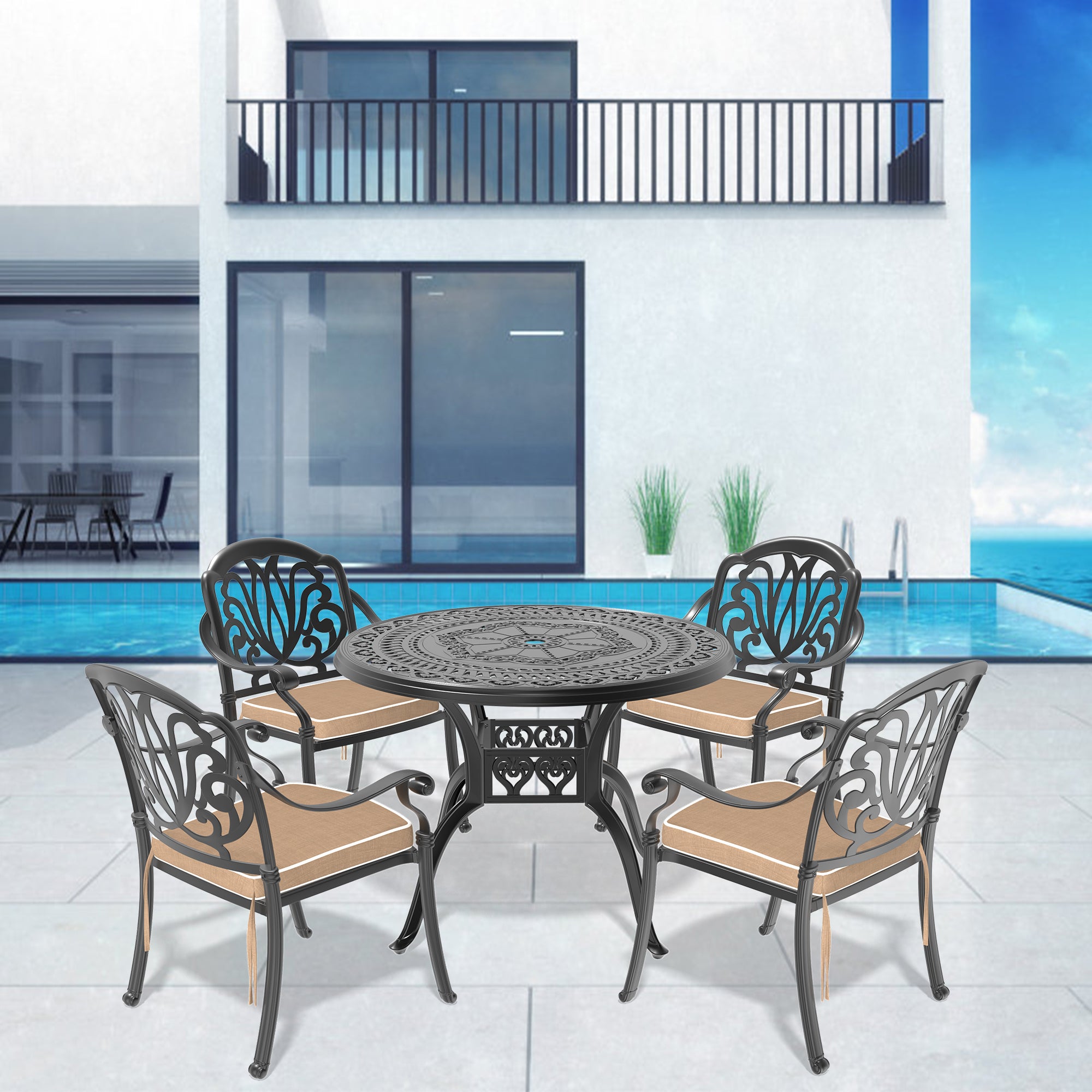5-Piece Cast Aluminum Patio Furniture Set with Cushions - Outdoor Dining Set in Random Colors - Perfect for Backyard, Garden, and Poolside Relaxation