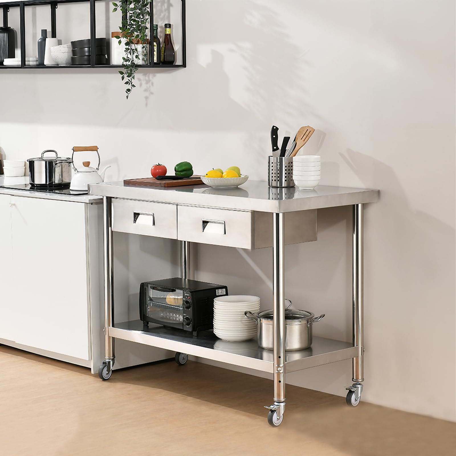 48x24 Inch Stainless Steel Commercial Work Table with 2 Drawers & Wheels - Adjustable 2-Stage Undershelf Kitchen Prep Table for Restaurant, Warehouse & Outdoor Use - Durable Home & Commercial Utility Table for Food Prep, Storage & Workspaces