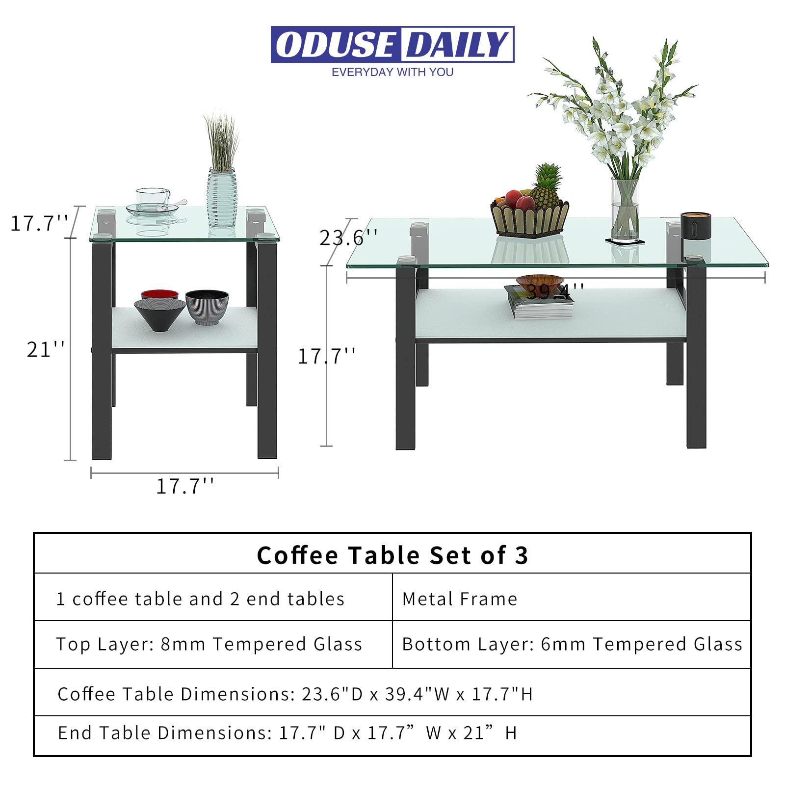 3-Piece Glass Coffee Table Set with Black Metal Legs & Clear Tempered Glass - Modern Living Room Coffee Table and End Table Set for Home Decor | Perfect for Small Spaces, Apartments & Lounge Areas