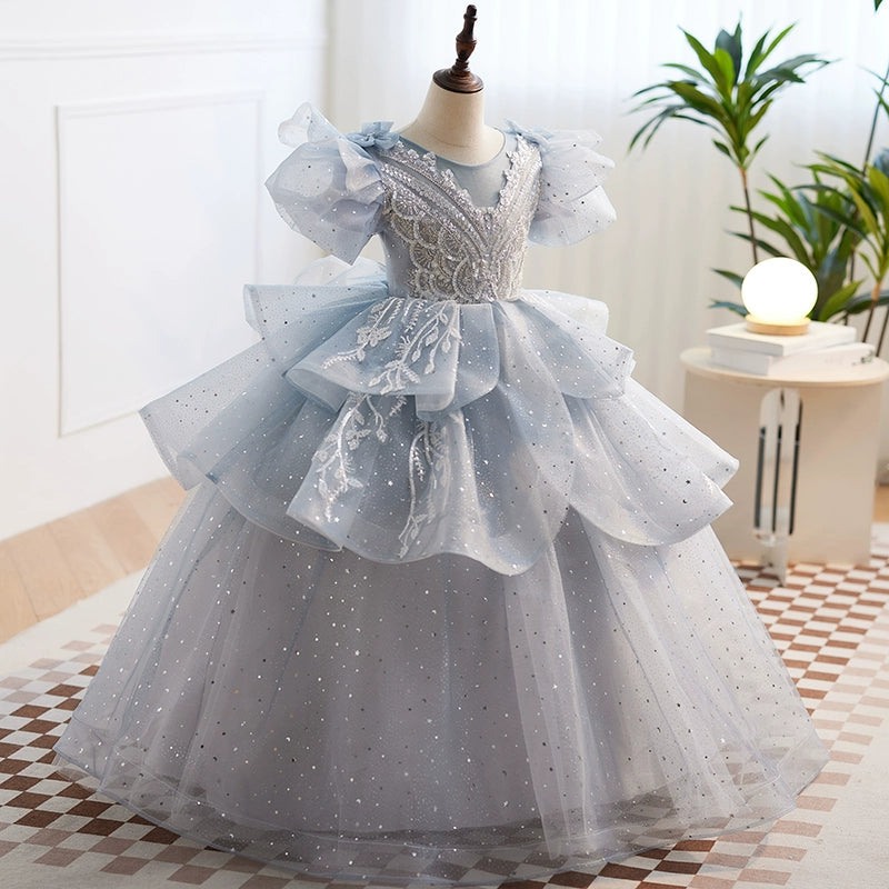 Dusty Blue Princess Round Floor-Length Tulle Flower Girl Dress for Weddings & Special Occasions