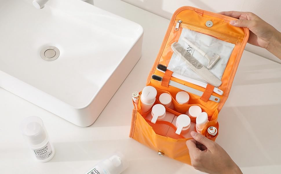 Waterproof Hanging Toiletry Bag for Travel - Large Capacity Makeup Organizer with Multiple Compartments for Men & Women - Perfect for Shaving Kit, Full-Sized Toiletries & Cosmetics Storage - Ideal for Camping, Gym, Business Trips & Vacation (Orange)