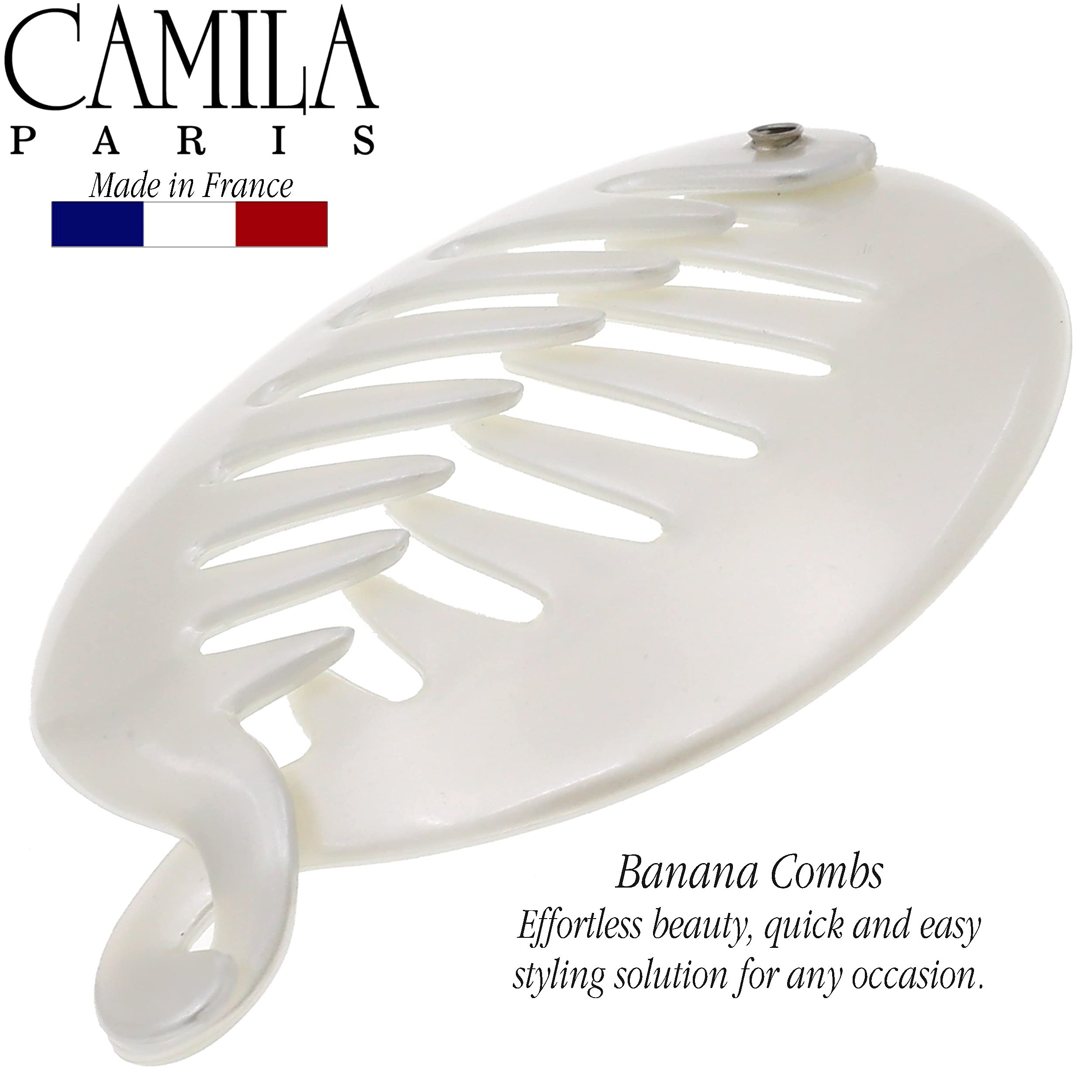 Camila Paris CP3015 French Banana Clip Hair Comb - 3.255 Inch White Round Ponytail Holder for Women & Girls | Volume & Thick Hair Styling Accessory | Made in France | Perfect for Parties, Weddings & Everyday Hairstyles